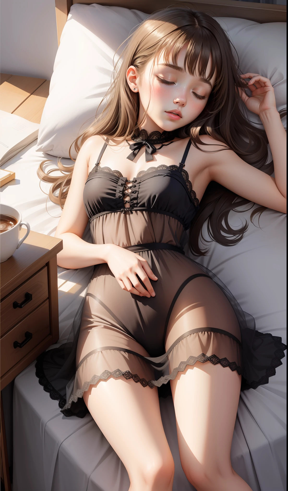 Sleeping girl, 19 years old, realistic, she is wearing a small dress, she is wearing a transparent dress, brown hair. panties, poor sleeping phase,