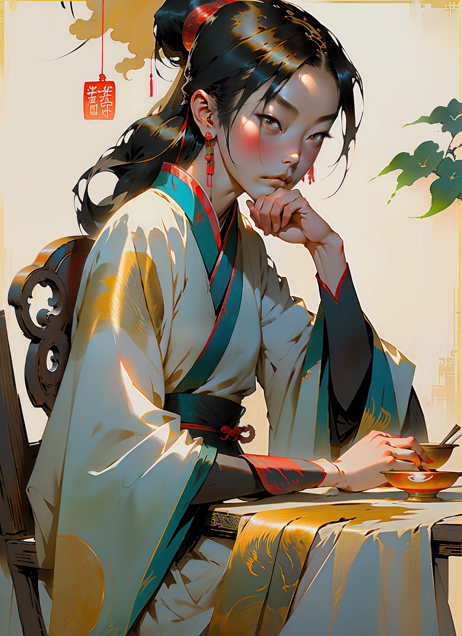 ancient china mythology, traditional style, greg rutkowski, bashful queen, isekai fantasy, wuxia genre, sitting at a table, (highly stylized artstyle), landscape