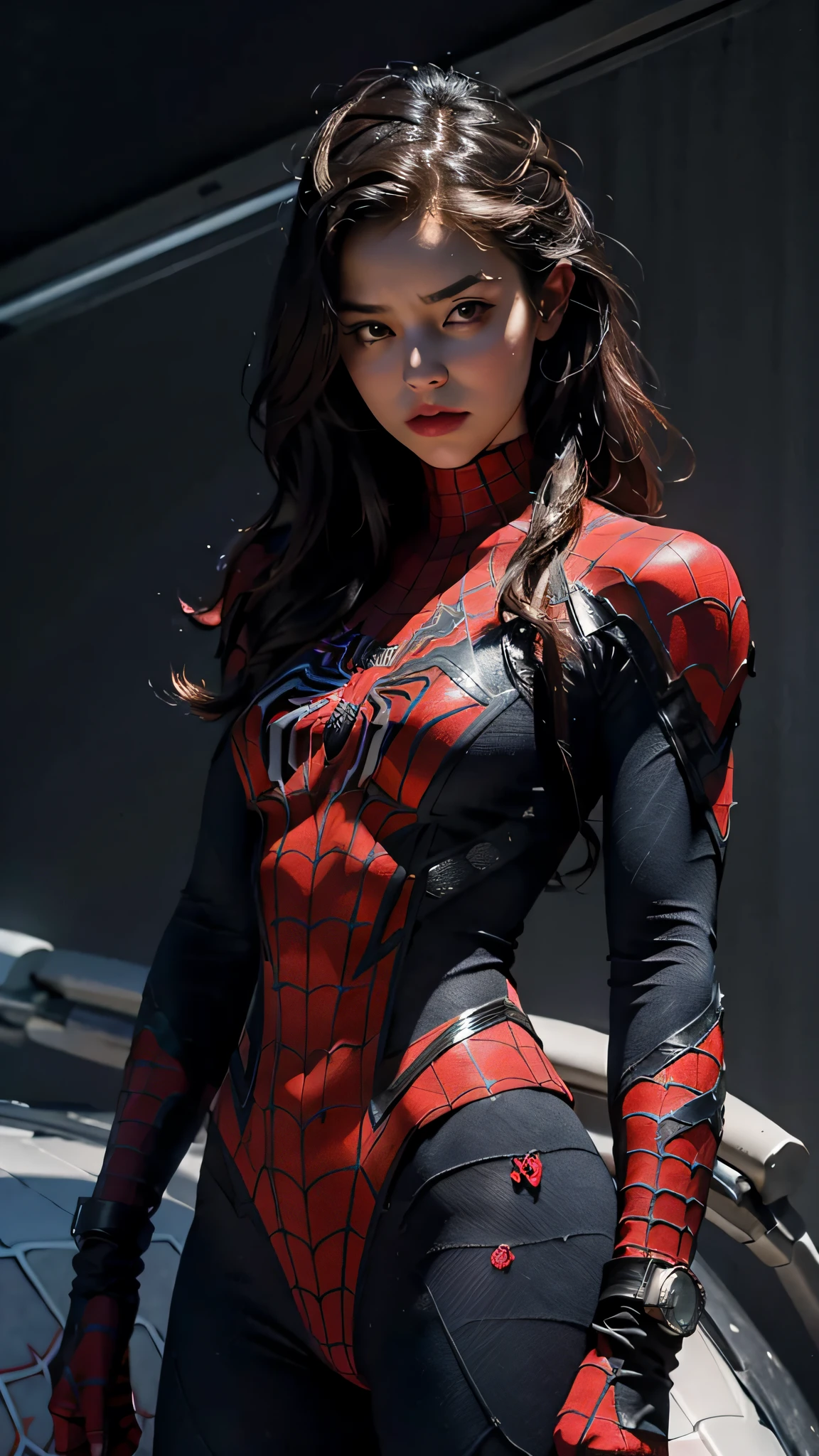 On an aerial carrier, spaceship, battle, beautiful woman with a well-defined body using Spider-Man role-playing, medium breasts