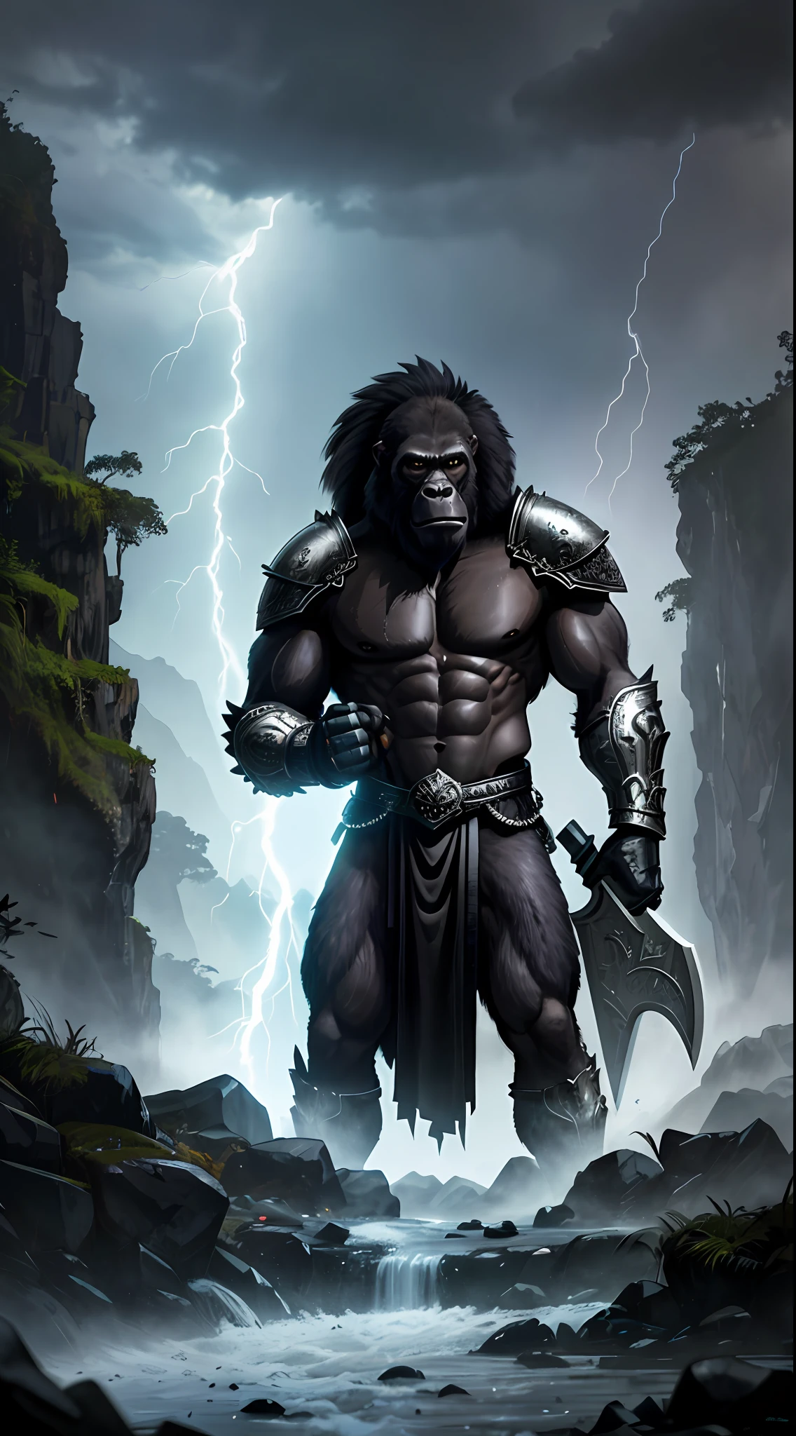 RAW image, epic scene, ((portrait)), award-winning photographic portrait of a werewolf gorilla, wearing black and silver armor, with giant axe in hand, rainforest background, Buddhist temple, storm, lightning, hyperdetailed, (artstation:1.5), cinematic, hot lights,