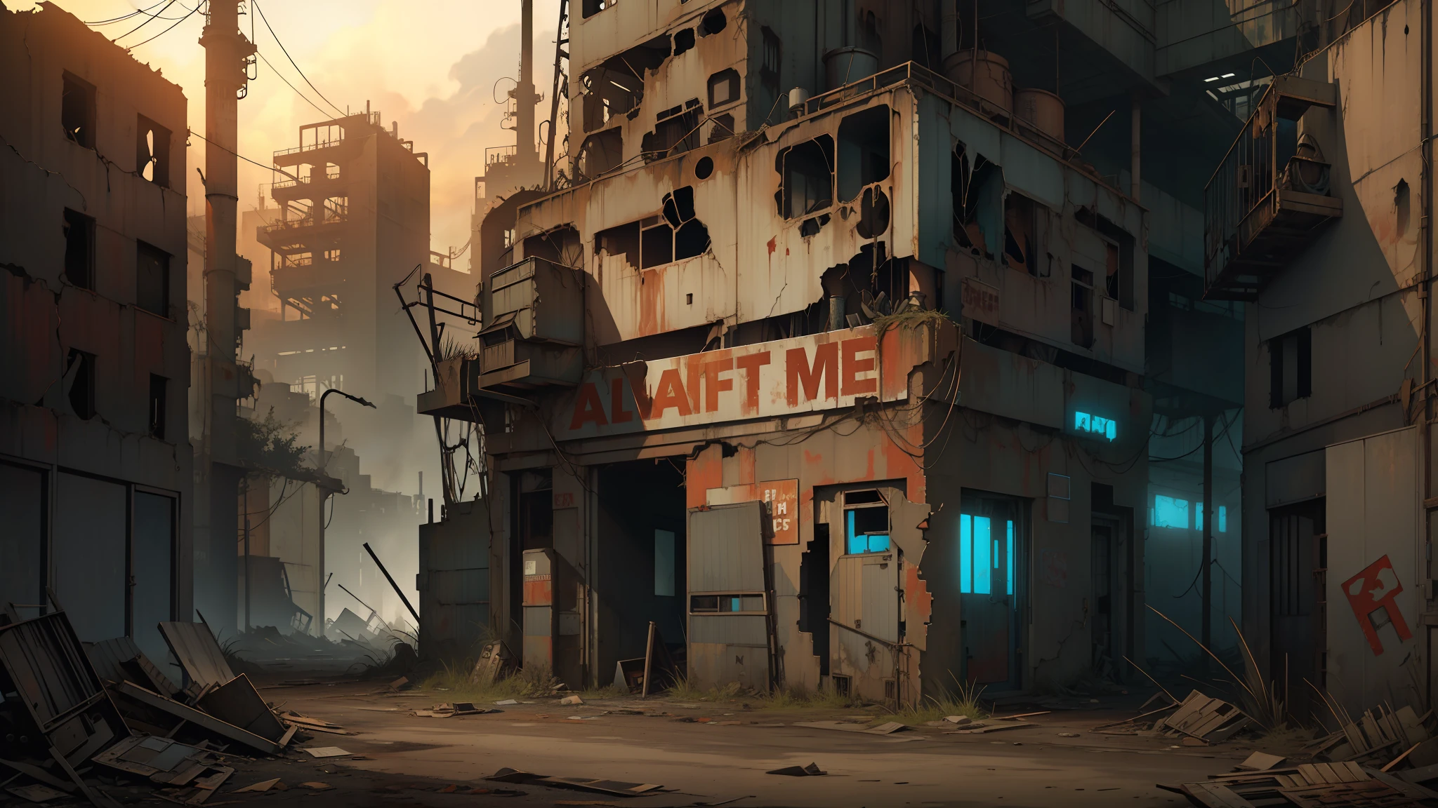 (abandoned factory:1.2), mad max style, punky, a little bit scary, rusty metal, dimly lit, post-apocalyptic, danger sign, warning message, toxic waste, industrial machinery, scrap metal