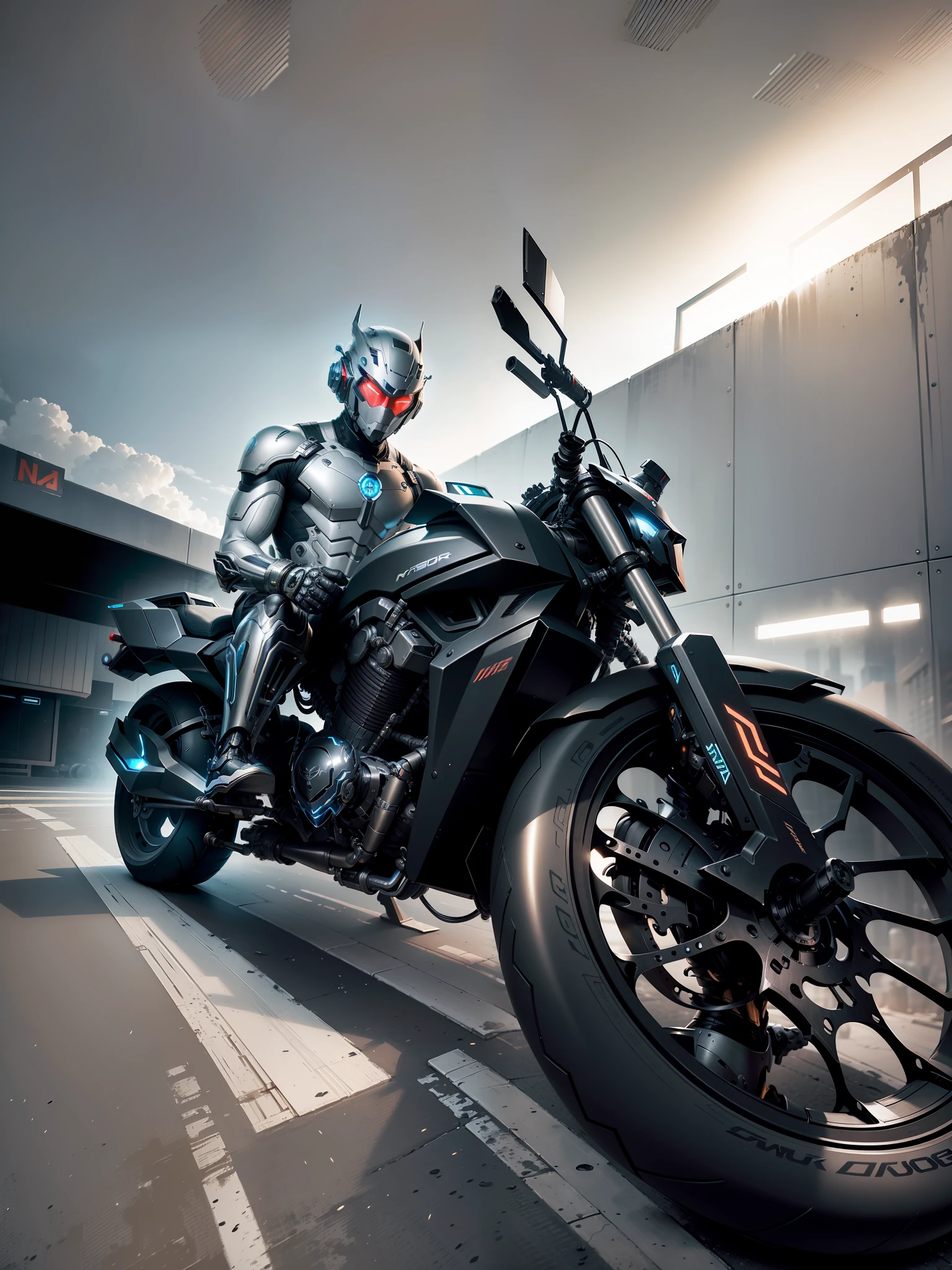 Cyber Male Warrior and Cyber Tech Mechanical Motorcycle, mighty Male Warrior, Nousr, Biomechanics, MSHN Robot Man, Cyber Tech Helmet, Surreal, Steel, Intricate Design, Crazy Details, Fine Details, Extremely Clear Lines, Cinematic Lighting, Photo Realistic, Detailed Masterpiece
