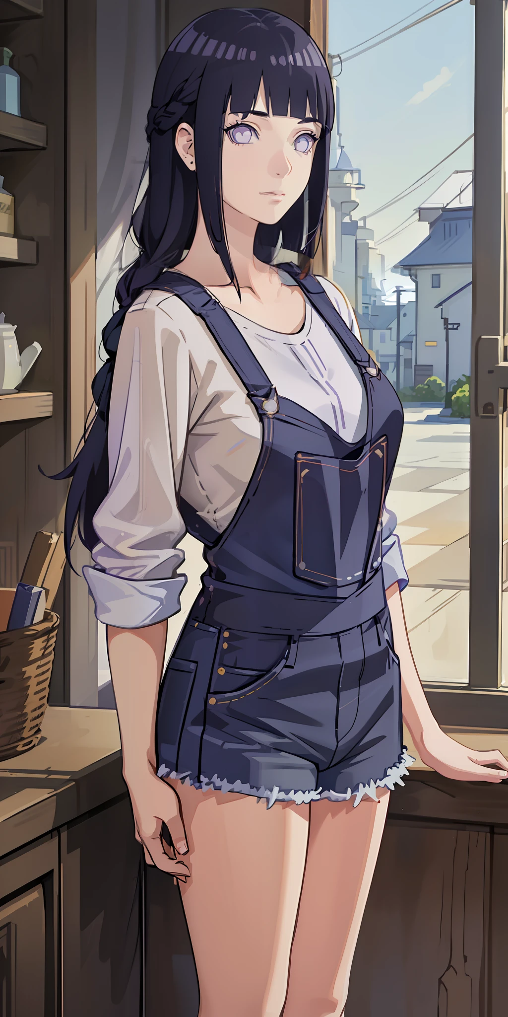 masterpiece, best quality, ultra-detailed, illustration,1girl,
long hair, dark blue hair, french braid, purple eyes, blunt bangs, 
shirt, (denim overalls:1.1),
medium breast,  
looking at viewer, hinata/(boruto/)