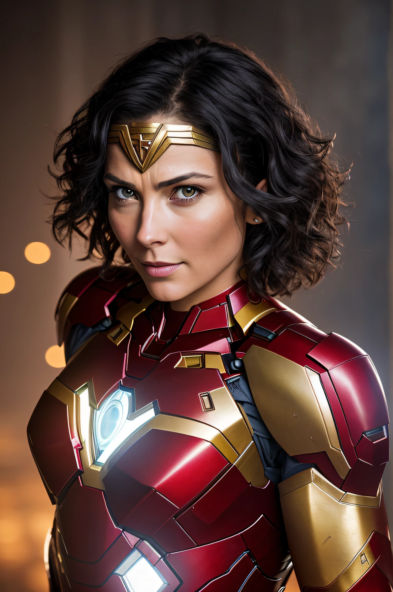 woman 35 years,straight short black hair, in iron man costume, night, soft lighting, in battle, expressive, dust, movement, dynamic angle, realistic lighting, background of movie scene Wonder Woman, , (natural skin texture, hyperrealism, soft light, sharp: 1.2), (complex details: 1.12), hdr masterpiece, best quality, (highly detailed photo: 1.1), 8k, photorealistic, (SFW),