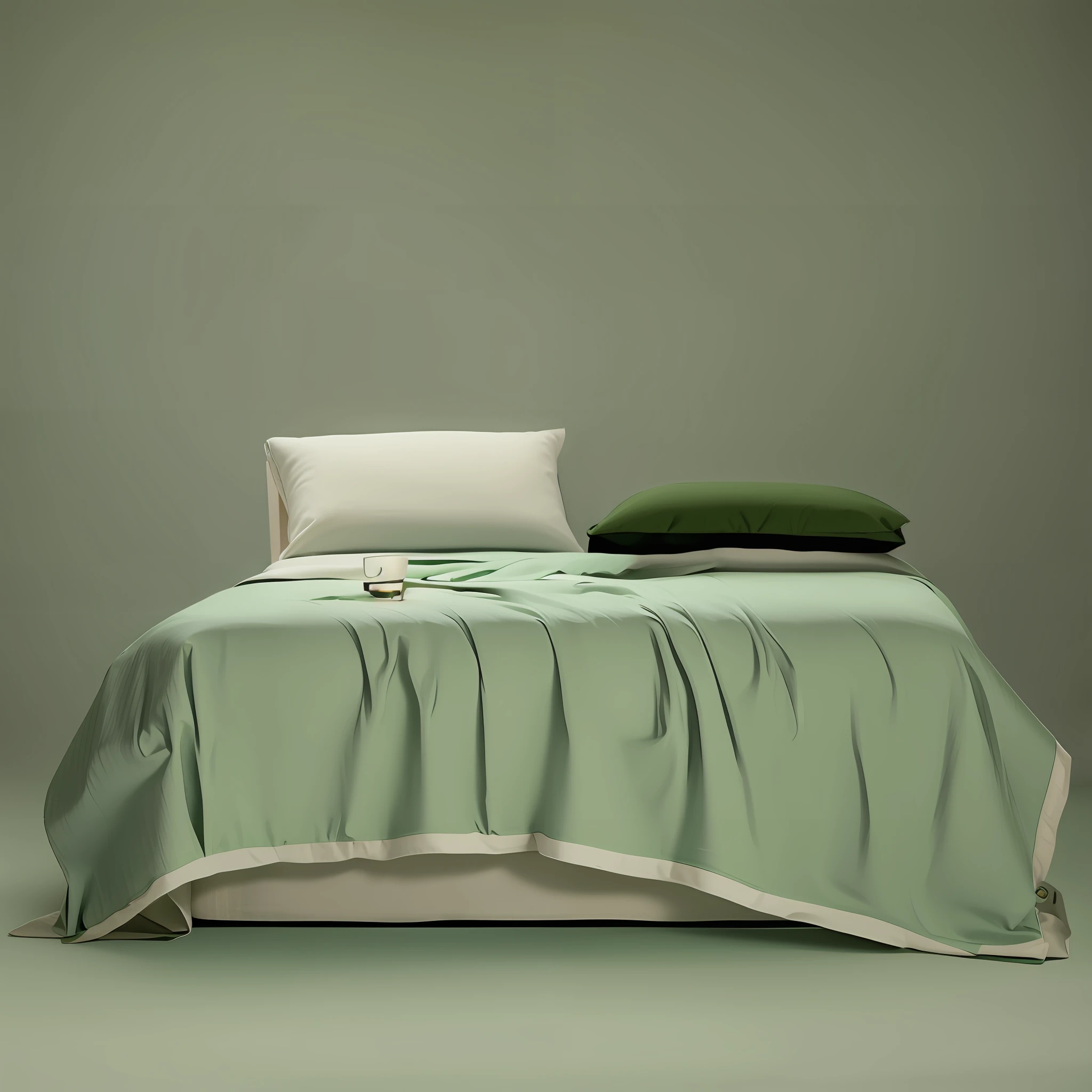 Product picture of bed, close-up of bed with green quilt and pillow, soft green, elegant green, sage green, monochrome, sea bubble green, flowing silk sheets, product photo, light green glow, tiffany, silk, south spring, elegant, sage, linen, light green, light green, emerald green, white edge of the sheet, background rich details, bright, rich color, full of flowers around the bed