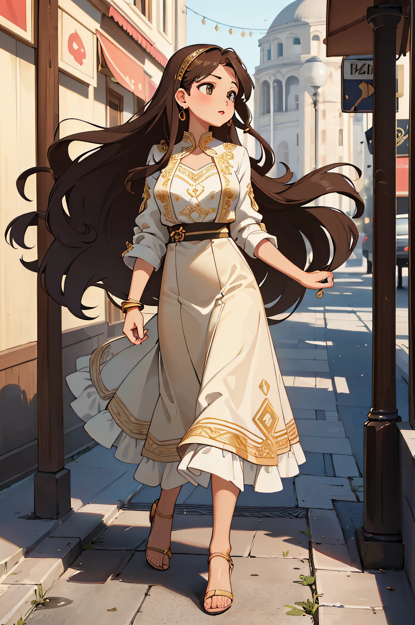 (masterpiece), (portrait), (aesthetic), (beautiful), (upper blody), (high quality), (aesthetic clothings), (professional angle), (rule of thirds), (Feminine), (woman), (female), (beautiful),(feminine features), (25 years), solo, 1 woman, (attractive Turkish), Autumn, Warm light, (Walking), Glamorous Makeup, (Large bust), ((holding a Turkish Tea)), (Front face), (Confident expression), ((Bold, Elegant)), Gold Bracelet, ((Long hair)), (Brown hair), (Curly hair), (Voluminous hair), Natural shine hair, (Headband in hair), (Brown eyes), (Sophisticated look), (Olive skin), (Embroidered clothing), (Flowy Dress), (Sandals), (Skirt), Sweetheart neckline), ((Urban background)), (- in background), (Medium Shot shot), beautiful hands, two hands, normal hands, two arms, complete hands, beautiful body, beautiful fingers, normal fingers, five fingers, five fingers, (Thumb index meddle ring little fingers), beautiful ears, normal ears, beautiful eyes, shiny eyes, beautiful mouth, beautiful lips,
