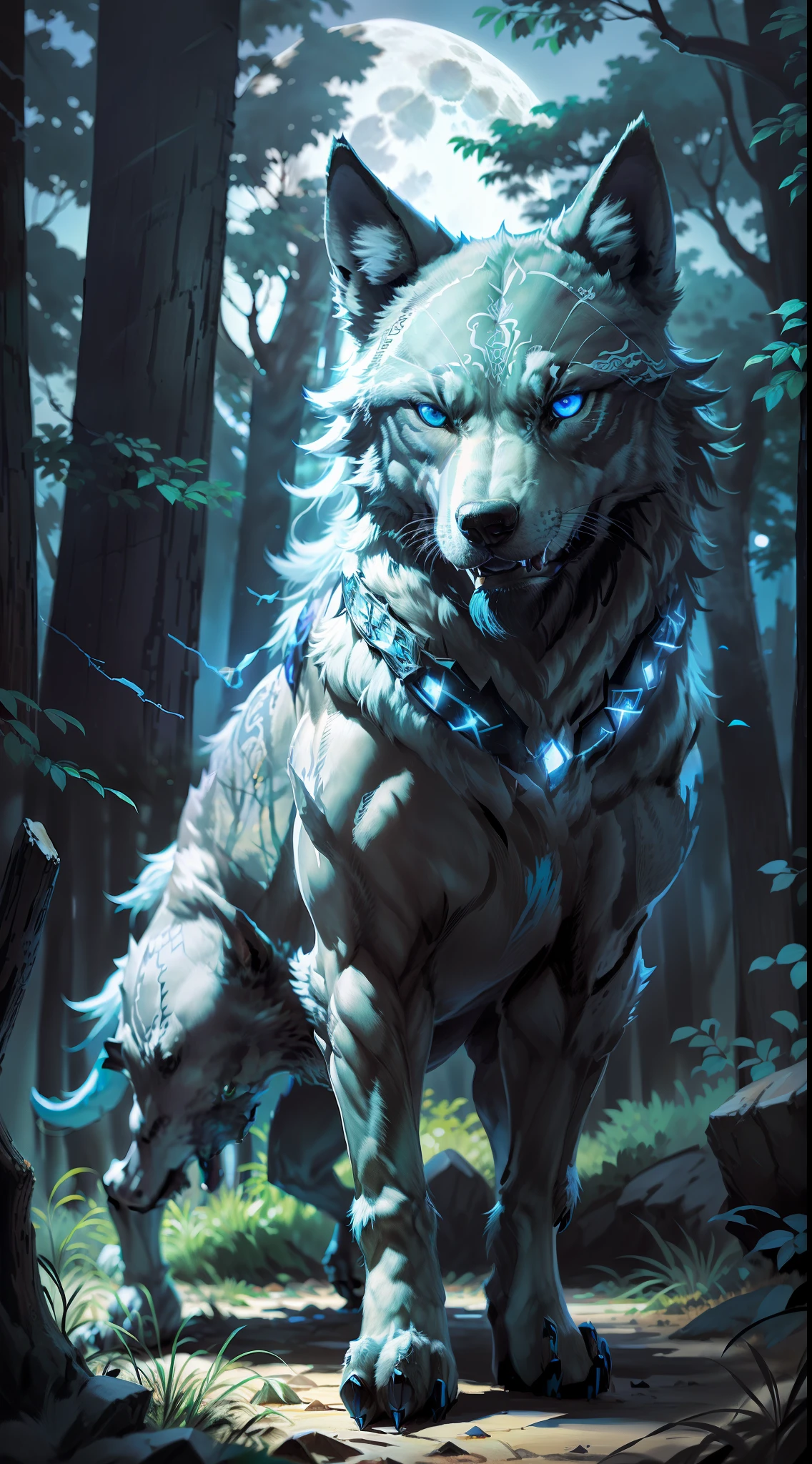 (Photorealistic open image) Super wolf protector of the pack, "black colored wolf bright blue eyes." Canine pack of wolves, (full moon, night forest)