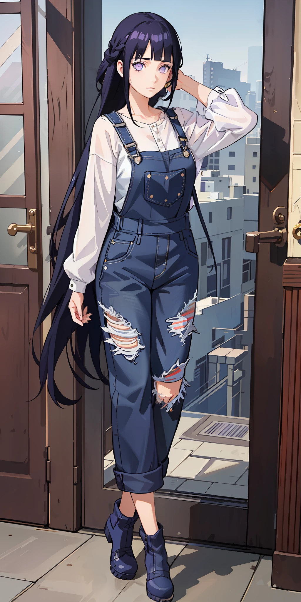 masterpiece, best quality, ultra-detailed, illustration,1girl,
long hair, dark blue hair, french braid, purple eyes, blunt bangs, 
shirt, (denim overalls:1.1),
medium breast,  
looking at viewer, hinata\(shippuden\)