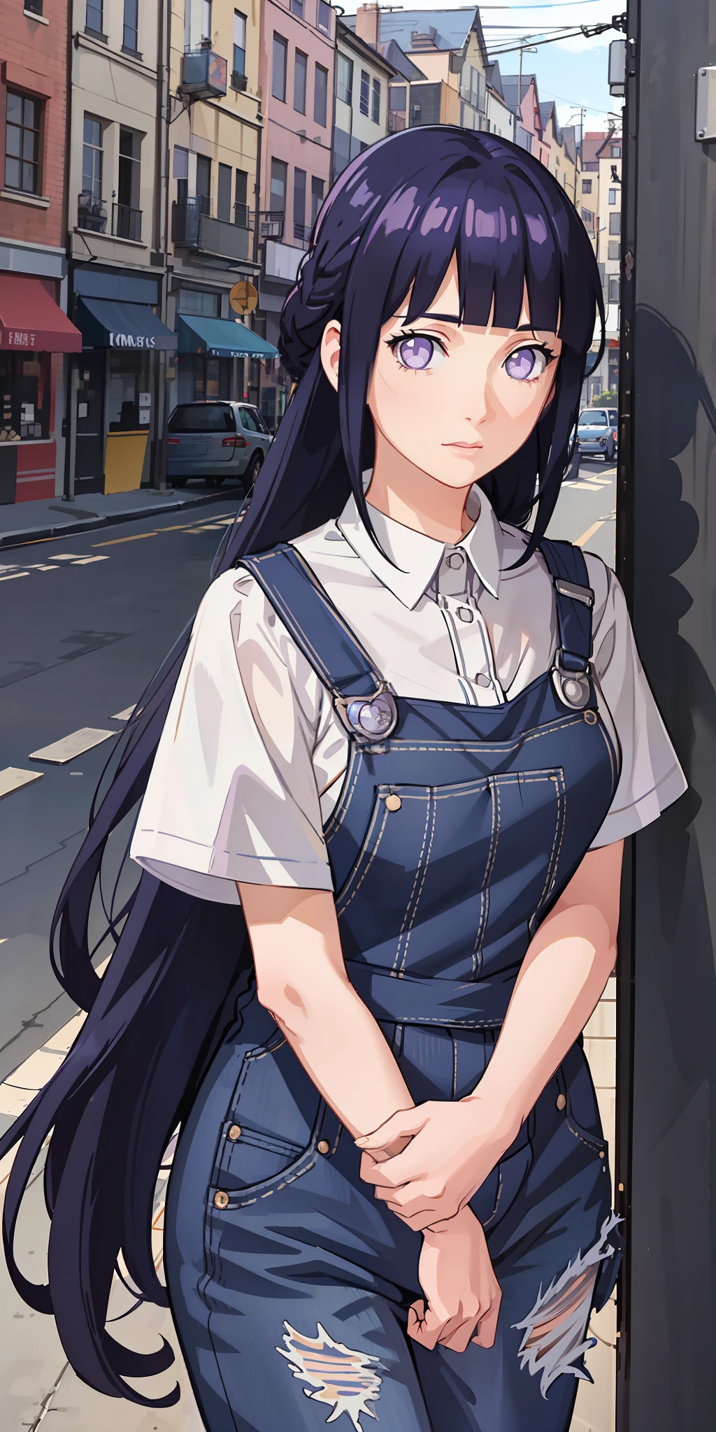 masterpiece, best quality, ultra-detailed, illustration,1girl,
long hair, dark blue hair, french braid, purple eyes, blunt bangs, 
shirt, (denim overalls:1.1),
medium breast,  
looking at viewer, hinata\(shippuden\)