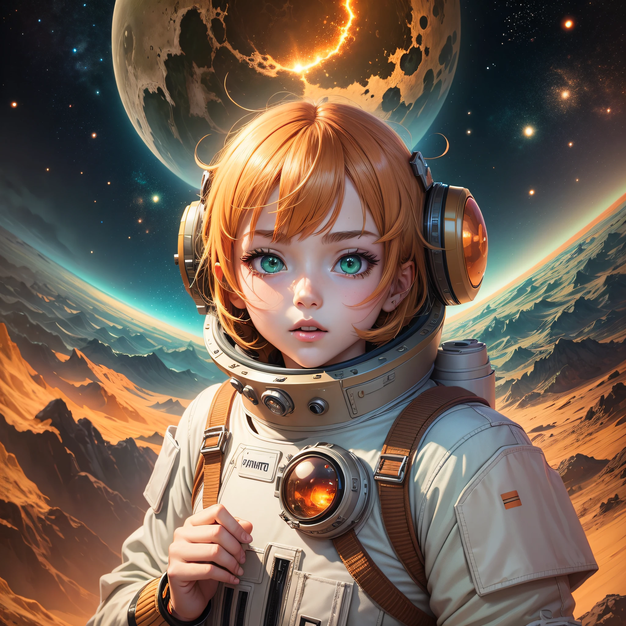 anime, space on Mars, space suit for girls, orange tones, green eyes) --auto --s2