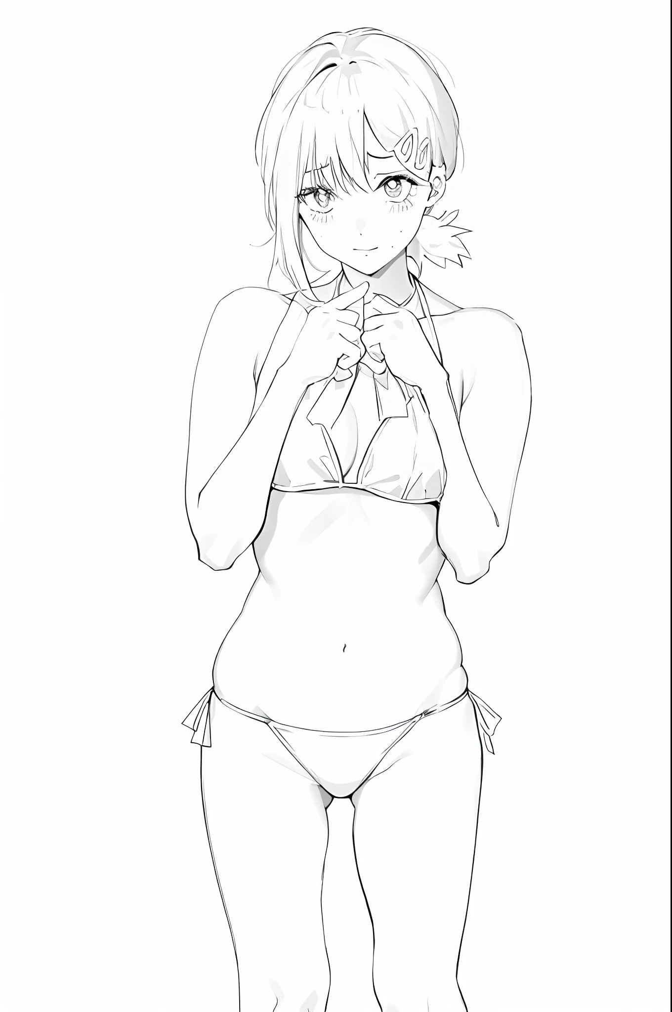 a drawing of a woman in a bikini posing for a picture, clean anime outlines, outlined!!!, kobeni,thick outline, thick lineart, thick black lineart, perfect lineart, simple lineart, thick line art, clean lineart, hands behind her body pose!, outline sketch, line art!!, thick outlines, line sketch!!, lineart, various poses, white background, black hair