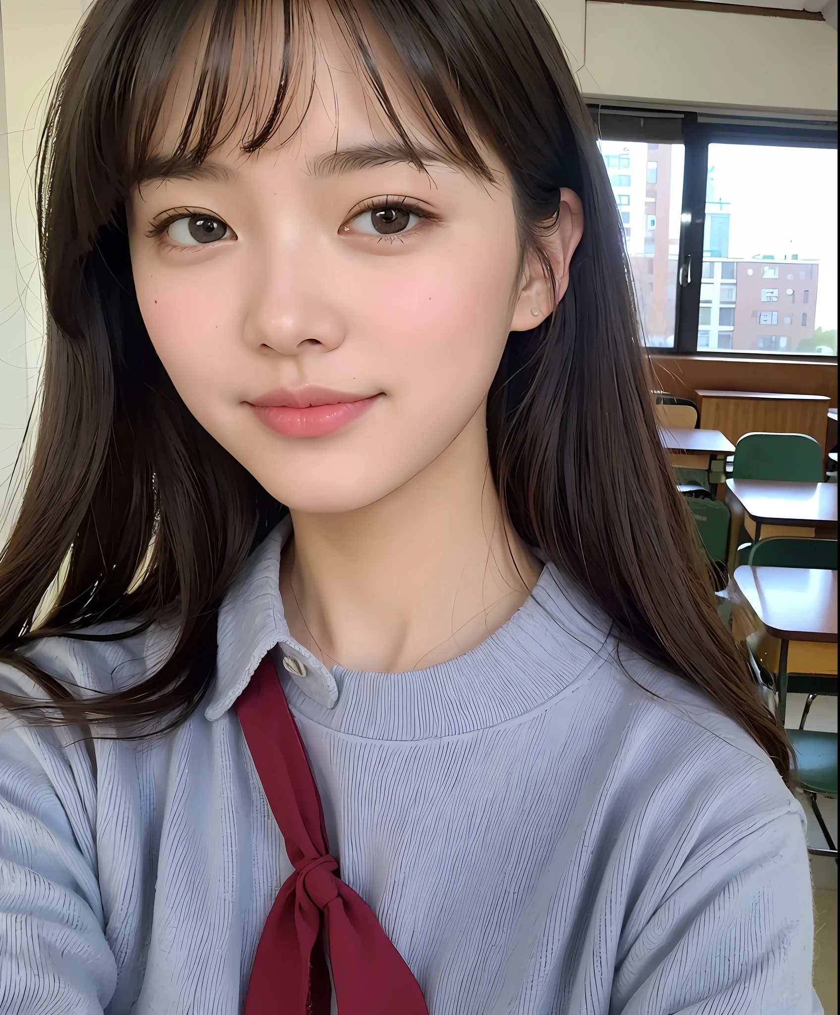 (Highly detailed body, highly detailed face, best quality: 1.2), women, looking viewer, (school uniform), (school classroom in background: 1.4)