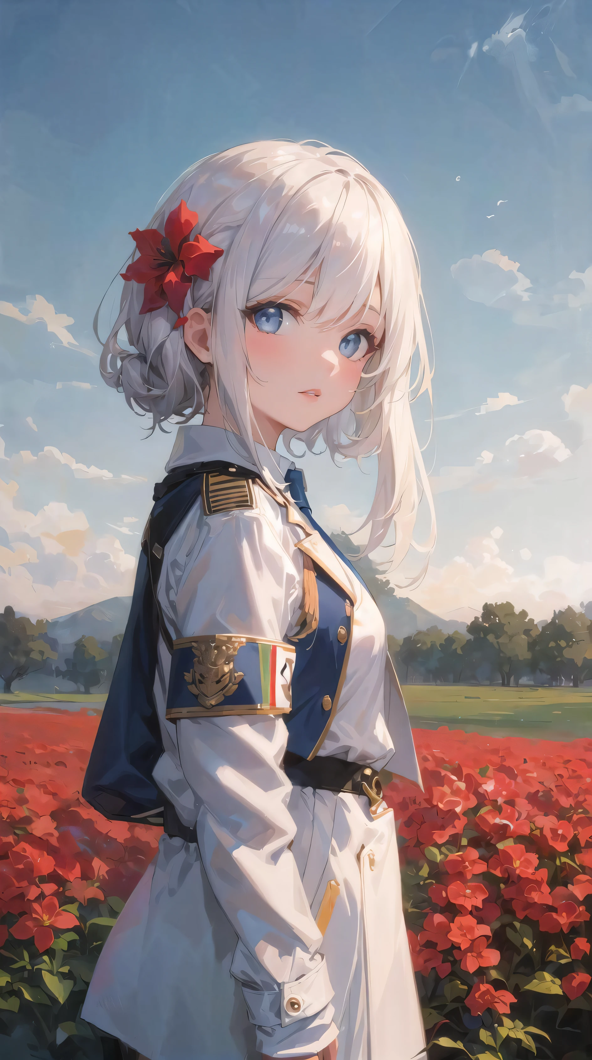 (masterpiece, top quality, best quality, extreme detailed, highest detailed, official art, beautiful and aesthetic:1.2), colorful, beautiful face, beautiful eyes, solo, perfect body, 1girl, military uniform, officer, small breasts, strap, white shirt, (dark blue jacket:1.4), necktie, white hair, outdoors, red flowers, standing in a field with red flowers, from side, looking at viewer, hair ornament