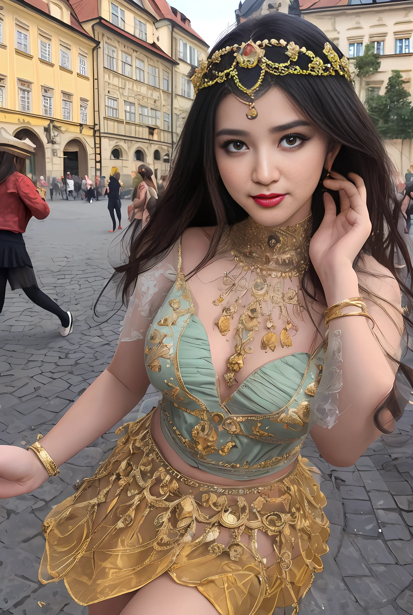 (masterpiece, best quality, realistic),
1girl,Prague Old Town Square background, gypsy dress, (princess eyes,shiny pupils),dancing, intricate, dark yellow dress, gold, gypsy person, banquet, crowd, picking up skirt,pale skin,
[slight smile],
