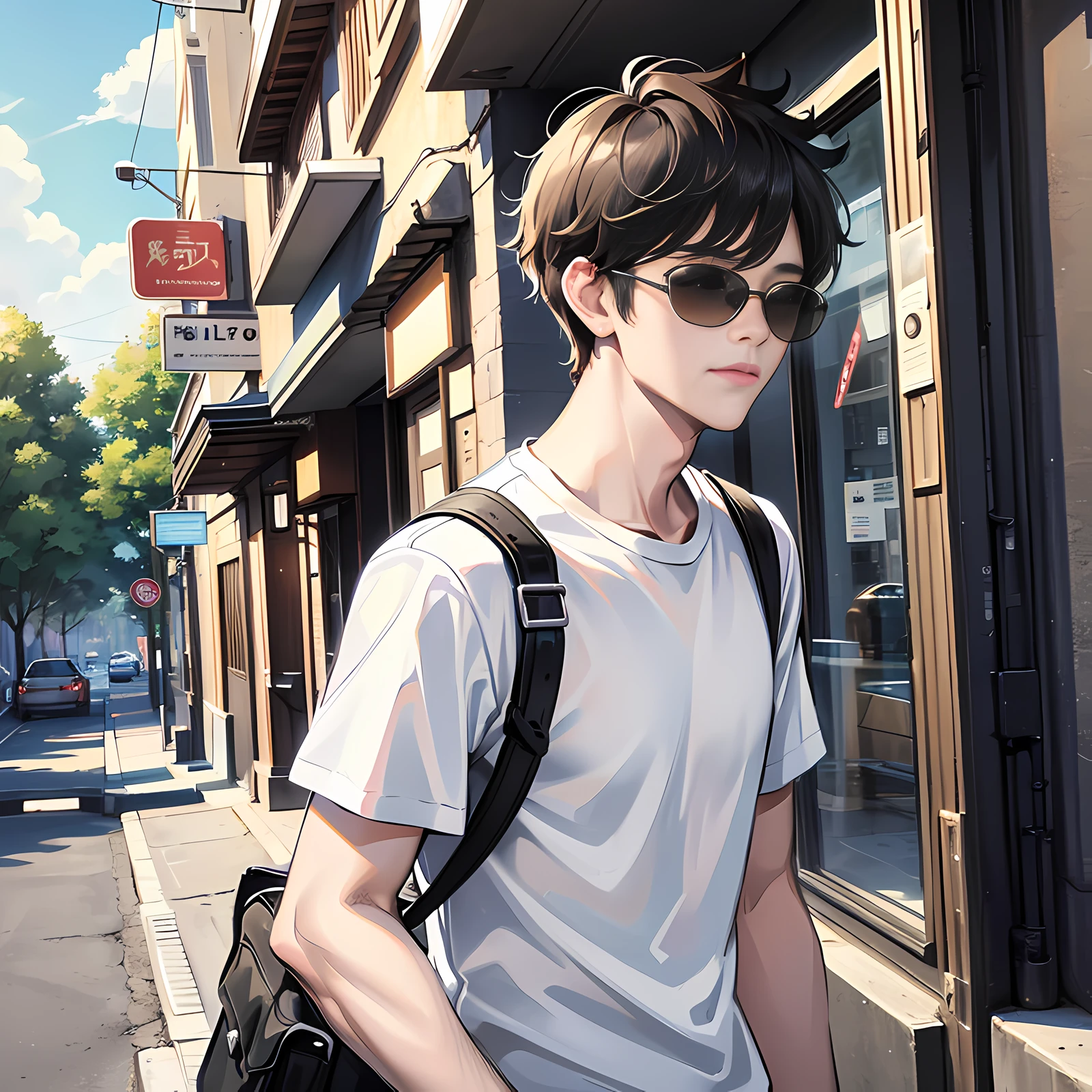 In college, by the side of the road, a handsome guy with closed eyes, with sunglasses, short black hair, white T-shirt and short sleeves, unhappy, super detailed, 4k, super detailed