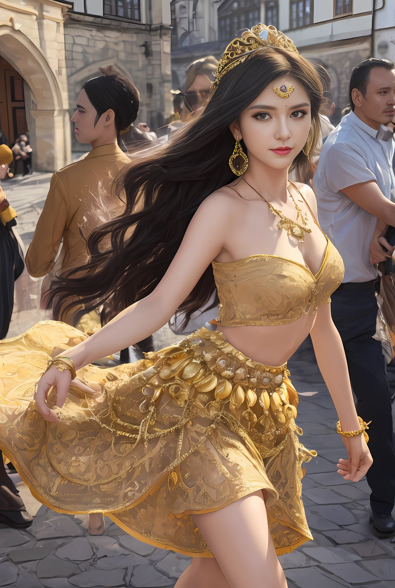 (masterpiece, best quality, realistic),
1girl,Prague Old Town Square background, gypsy dress, (princess eyes,shiny pupils),dancing, intricate, dark yellow dress, gold, gypsy person, banquet, crowd, picking up skirt,pale skin,
[slight smile],