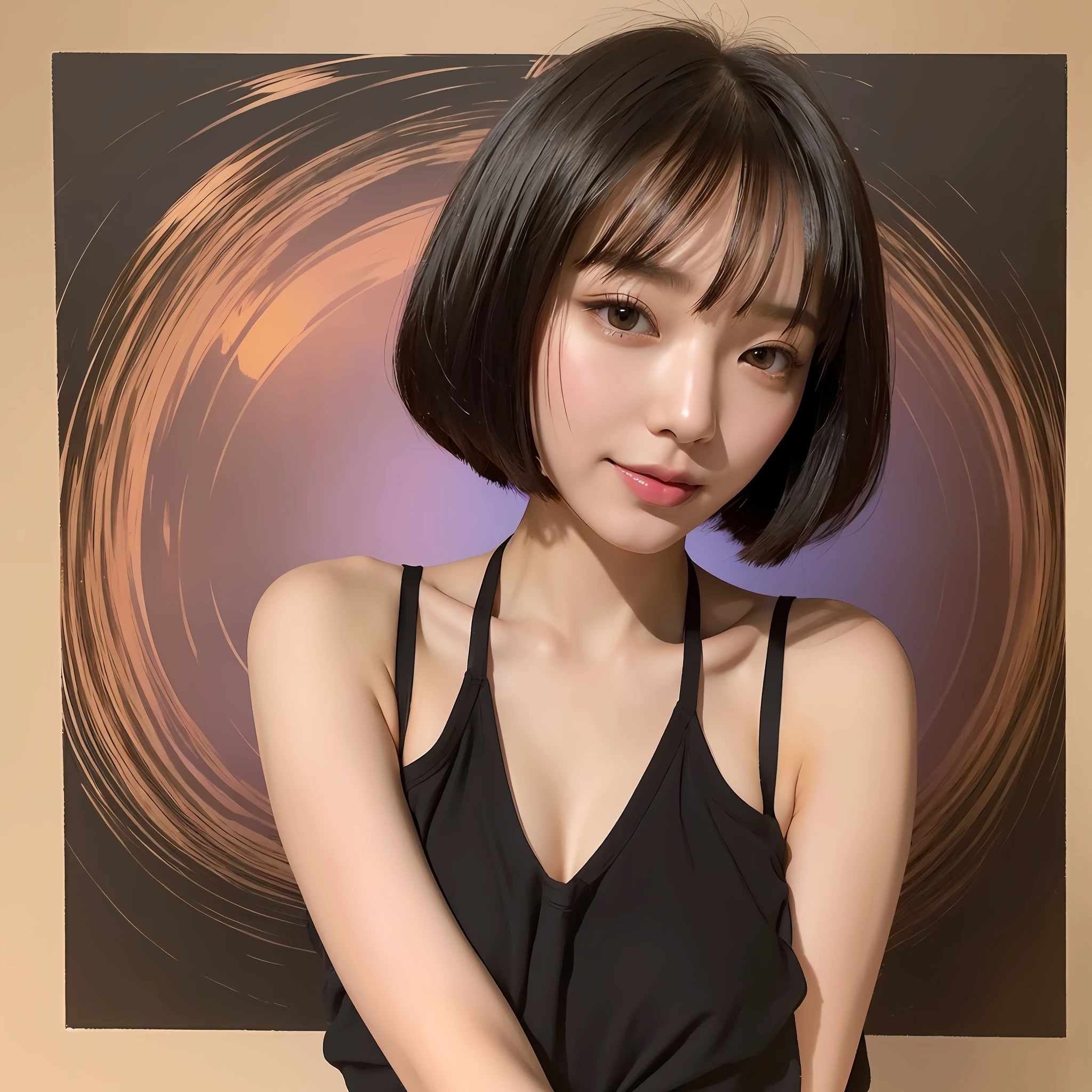 Japan beauty, slender, quiet breasts, small buttocks, detailed eyes, black underwear and clothing, bob cut, dark black eyes, little smile, embarrassing , one and only, golden ratio, sunset, 1 girl --auto --s2