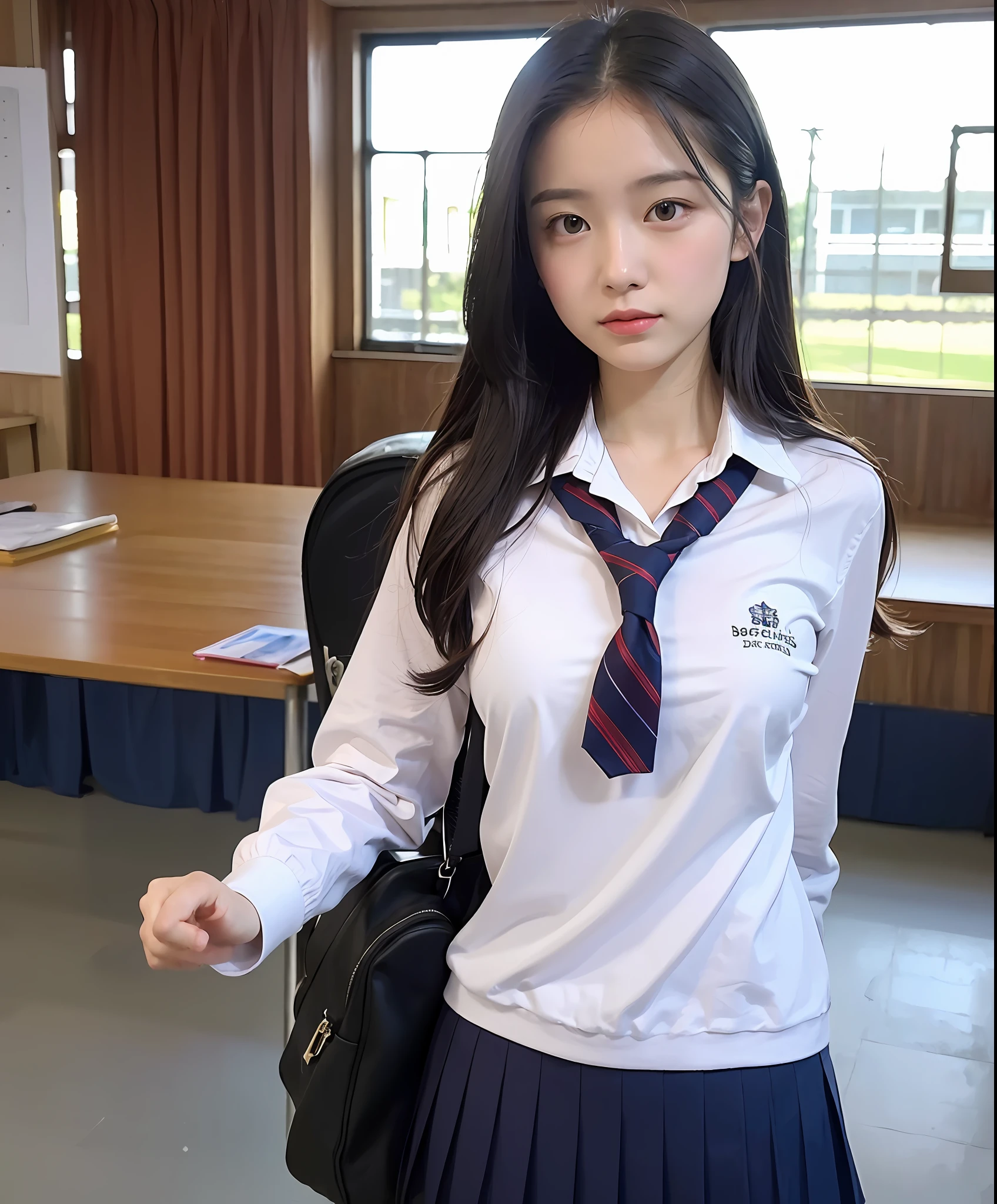 (Highly detailed body, highly detailed face, best quality: 1.2), women, looking viewer, (school uniform), (school classroom in background: 1.4)