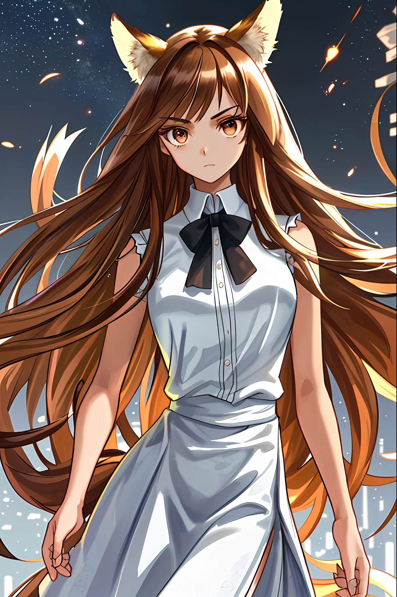 {{{{masterpiece}}}}, {{{hyper detailed}}}, {{{highres}}}, {{good anatomy}}, (better quality))), ((an extremely delicate and beautiful)), {{an extremely detailed and delicate}}, {8k CG wallpaper}, {stunning art}, {{illustration}}, {incredible}, original, mature, ((half-length shot)), ((tanned skin)), intricate, (depth of field), highly detailed body, (((masterpiece))), (very high quality artwork), detailed face, masterpiece, best quality,  incredibly absurd, ((best quality)), (ultra detailed), (beautiful detailed eyes), (((caramel brown eyes))), ((boring eyes)), helf eyelid eyes, hyper intricate, extremely detailed girl, beautiful detailed eyes, vibrant eyes, ray tracing, [[[vibrant colors]]], from the waist up, girl, sharp focus, [[best quality]], illustration, dynamic angle, depth of field, dynamic light, 1girl, ((split hair, very long hair,  straight hair)), brown brown hair, silky hair, dynamic hair, medium breasts, (caramel brown eyes), sharp eyes, long eyelashes, ((white shirt)), anime ears, animal long ears, fox ears, casual shirt, frown, cheerful expression, dynamic lights, god rays, cinematic lightning, (ultra detailed: 1.3), cloudy background, concrete floor
(magazine: 1.3), (cover style: 1.3), fashionable, woman, vibrant, outfit, posing, forehead, colorful, dynamic, background, elements, safe, expression, hold, statement, accessory, majestic, rolled, around, touch, scene, text, cover, bold, eye-catching, title, elegant, font, catchy, headline, larger, eye-catching, modern, modern, focus, fashion, fashion, fashion,