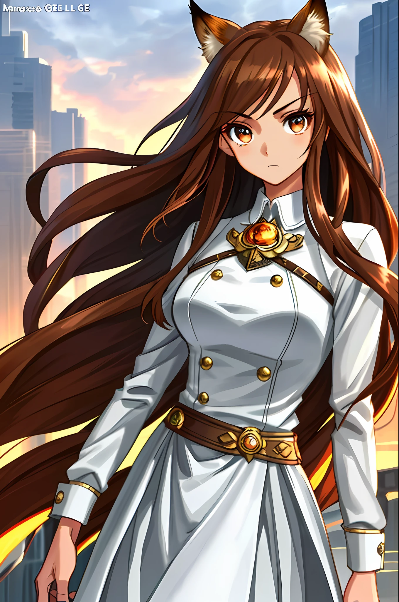 {{{{masterpiece}}}}, {{{hyper detailed}}}, {{{highres}}}, {{good anatomy}}, (better quality))), ((an extremely delicate and beautiful)), {{an extremely detailed and delicate}}, {8k CG wallpaper}, {stunning art}, {{illustration}}, {incredible}, original, mature, ((half-length shot)), ((tanned skin)), intricate, (depth of field), highly detailed body, (((masterpiece))), (very high quality artwork), detailed face, masterpiece, best quality,  incredibly absurd, ((best quality)), (ultra detailed), (beautiful detailed eyes), (((caramel brown eyes))), ((boring eyes)), helf eyelid eyes, hyper intricate, extremely detailed girl, beautiful detailed eyes, vibrant eyes, ray tracing, [[[vibrant colors]]], from the waist up, girl, sharp focus, [[best quality]], illustration, dynamic angle, depth of field, dynamic light, 1girl, ((split hair, very long hair,  straight hair)), brown brown hair, silky hair, dynamic hair, medium breasts, (caramel brown eyes), sharp eyes, long eyelashes, ((white shirt)), anime ears, animal long ears, fox ears, casual shirt, frown, cheerful expression, dynamic lights, god rays, cinematic lightning, (ultra detailed: 1.3), cloudy background, concrete floor
(magazine: 1.3), (cover style: 1.3), fashionable, woman, vibrant, outfit, posing, forehead, colorful, dynamic, background, elements, safe, expression, hold, statement, accessory, majestic, rolled, around, touch, scene, text, cover, bold, eye-catching, title, elegant, font, catchy, headline, larger, eye-catching, modern, modern, focus, fashion, fashion, fashion,