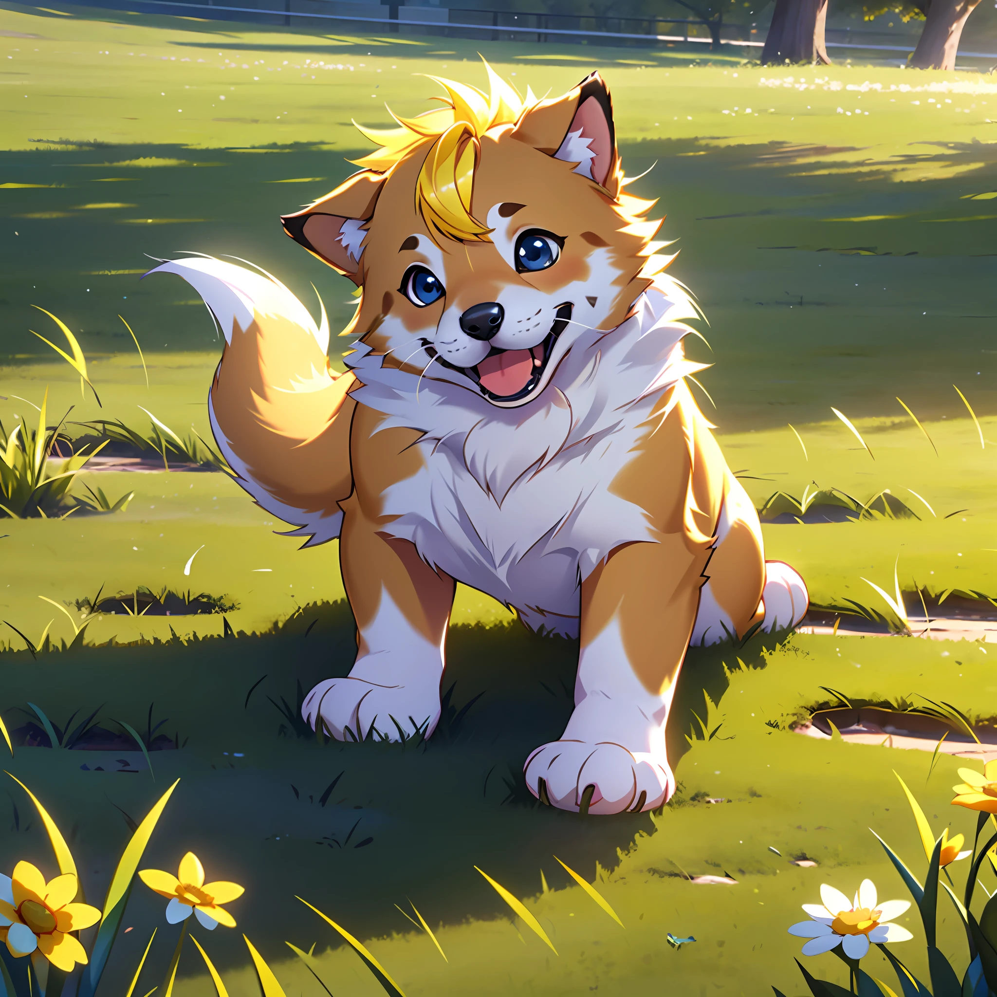 Masterpiece, best quality, 8k resolution, cinematic lighting, a cute puppy, small size, solo, yellow hair, grass, happy, wagging tail, facing the audience