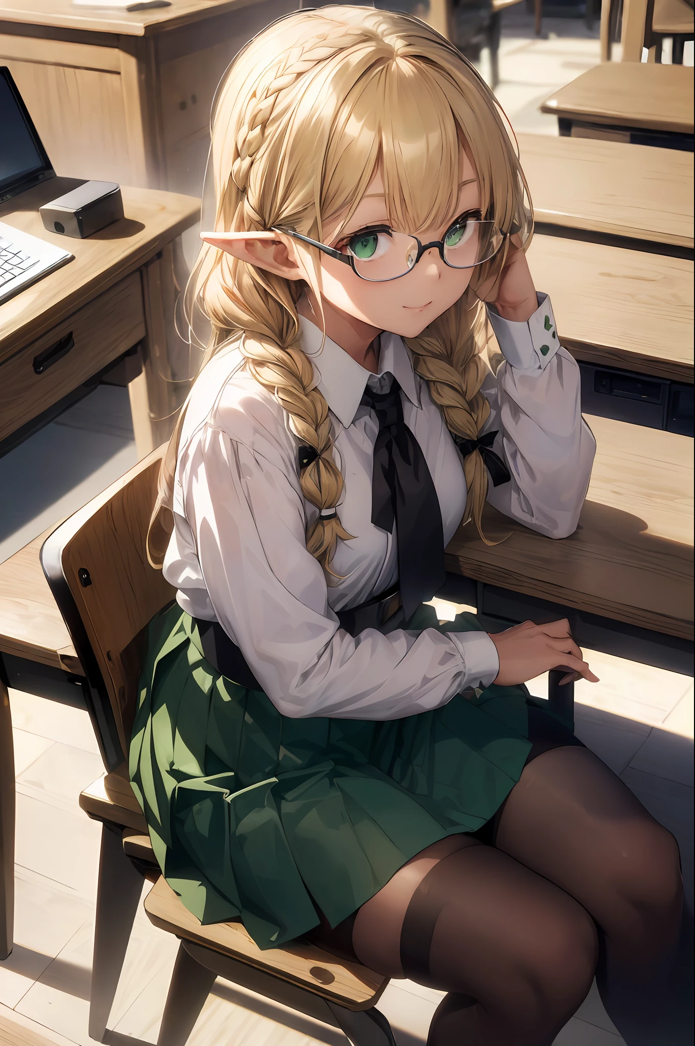 ((Masterpiece, top quality, precision, ultra-detail)))), ((Japan)), ((Elf OL))))), ((Elf ears)), Destruction, (White Blouse), (Skirt with black slit), (Black tights))))), (Blonde long braid hair), (Big glowing dark green eyes), ((Big)), (Village Hall office), (Computer on desk), ( Sit in the office chair in front of the desk and turn around), smile, (glasses))), (tilts head)))), breeze, dynamic angle, from above