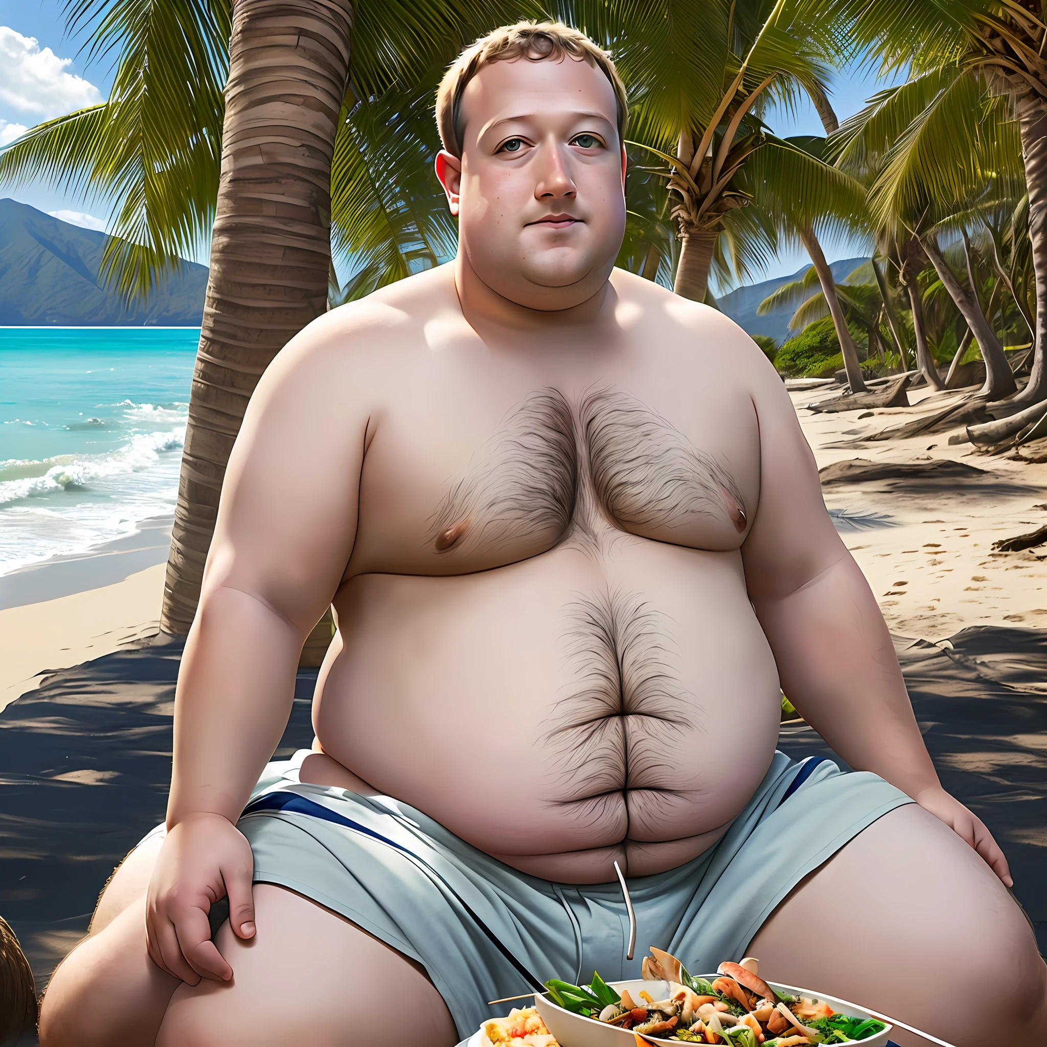 Create an image of a significantly obese Mark Zuckerberg, with a swollen belly, enjoying seafood skewers at the beach while wearing nothing but shorts