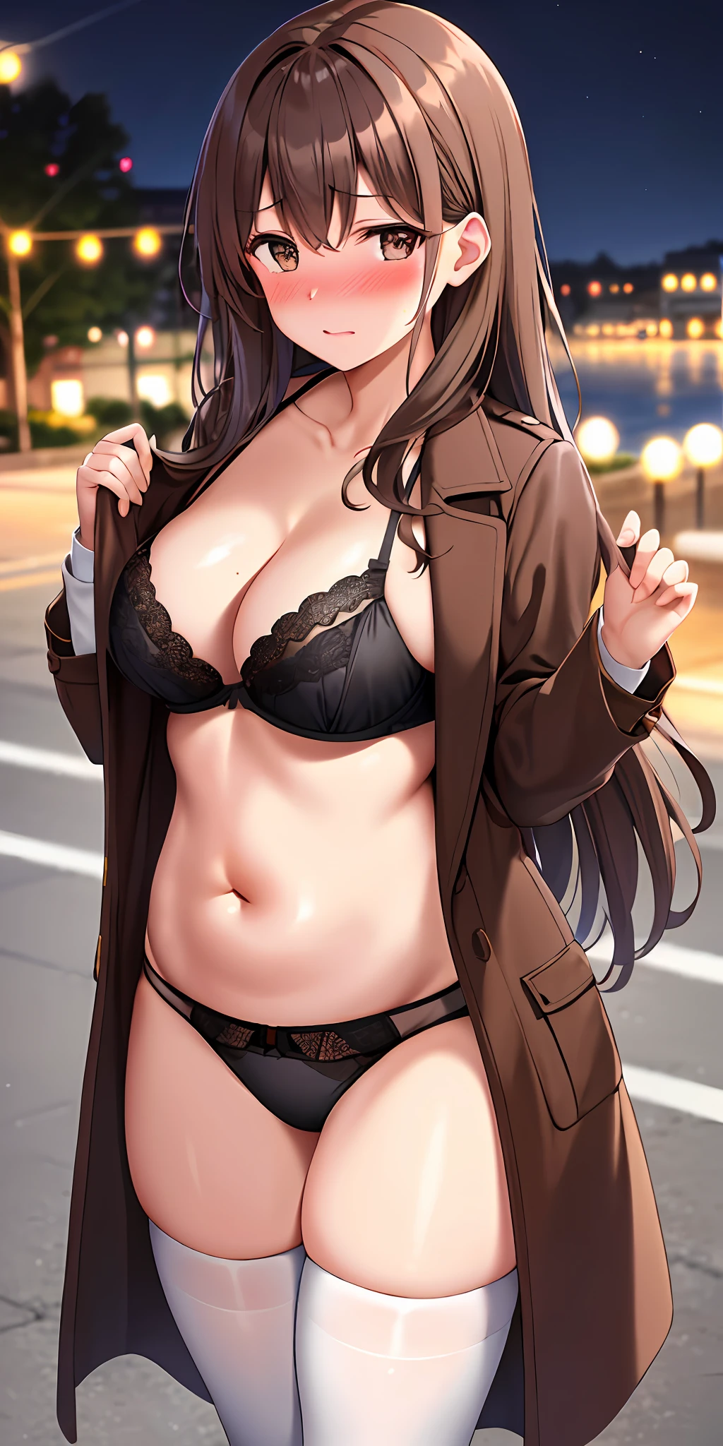Brown hair, large breasts, belly, thighhighs, bra, panties, standing, open coat, night, park background, (blushing:1.3), pov, cowboy shot