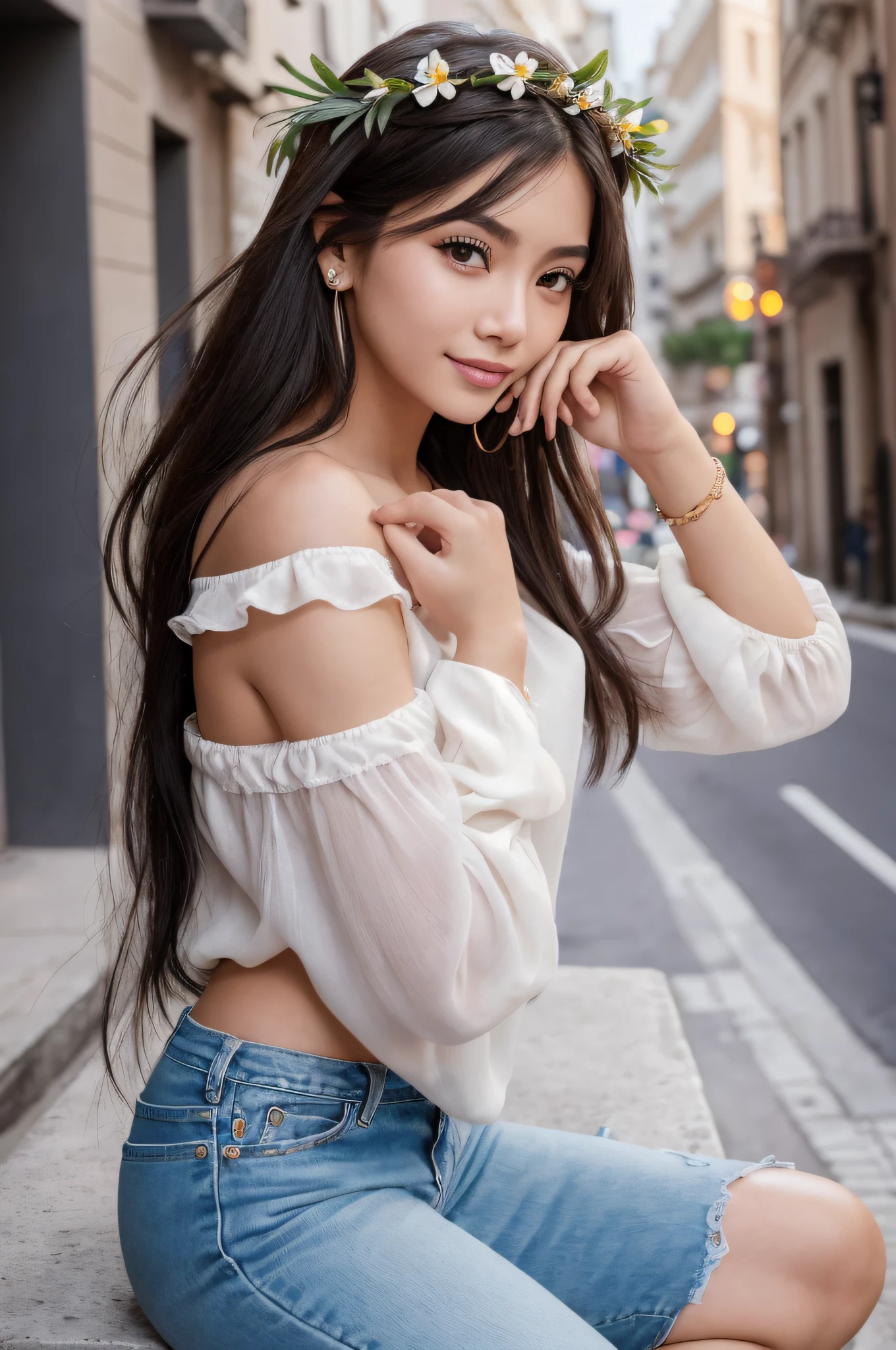 (masterpiece), (portrait), (aesthetic), (beautiful), (upper blody), (high quality), (aesthetic clothings), (professional angle), (rule of thirds), (Feminine), (woman), (female), (beautiful),(feminine features), (25 years), solo, 1 woman, (attractive Philippine), Winter, Soft light, (Sitting), Chic Makeup, (Medium bust), ((holding a Tropical Fruit)), (Side face), (Smiling expression), ((Cheerful)), Flower Crown, ((Medium hair)), (Black hair), (Straight hair), (Silky hair), Glossy shine hair, (Hairpin in hair), (Brown eyes), (Youthful, Natural look), (Olive skin), (Vibrant clothing), (Blouse), (Jeans), (Sneakers), Off-Shoulder neckline), ((Urban background)), (- in background), (Full Shot shot), beautiful hands, two hands, normal hands, two arms, complete hands, beautiful body, beautiful fingers, normal fingers, five fingers, five fingers, (Thumb index meddle ring little fingers), beautiful ears, normal ears, beautiful eyes, shiny eyes, beautiful mouth, beautiful lips,