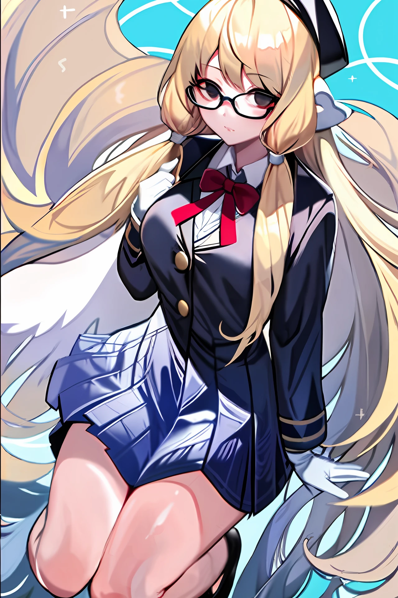 1 girl, Blonde hair, long hair, glasses, 1 red eye, Tengu, school uniform, ice power, hat,