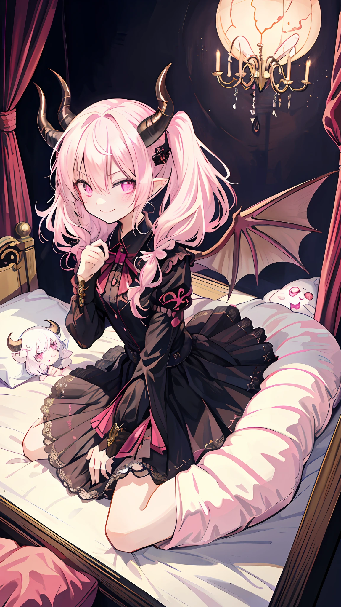 beautiful illustration, best quality, demon girl, curled horn, cute girl, bedroom, pastel color, black hair,twintails, bright lighting, light pink eyes, tatoo, scar, evil smile,lyrical