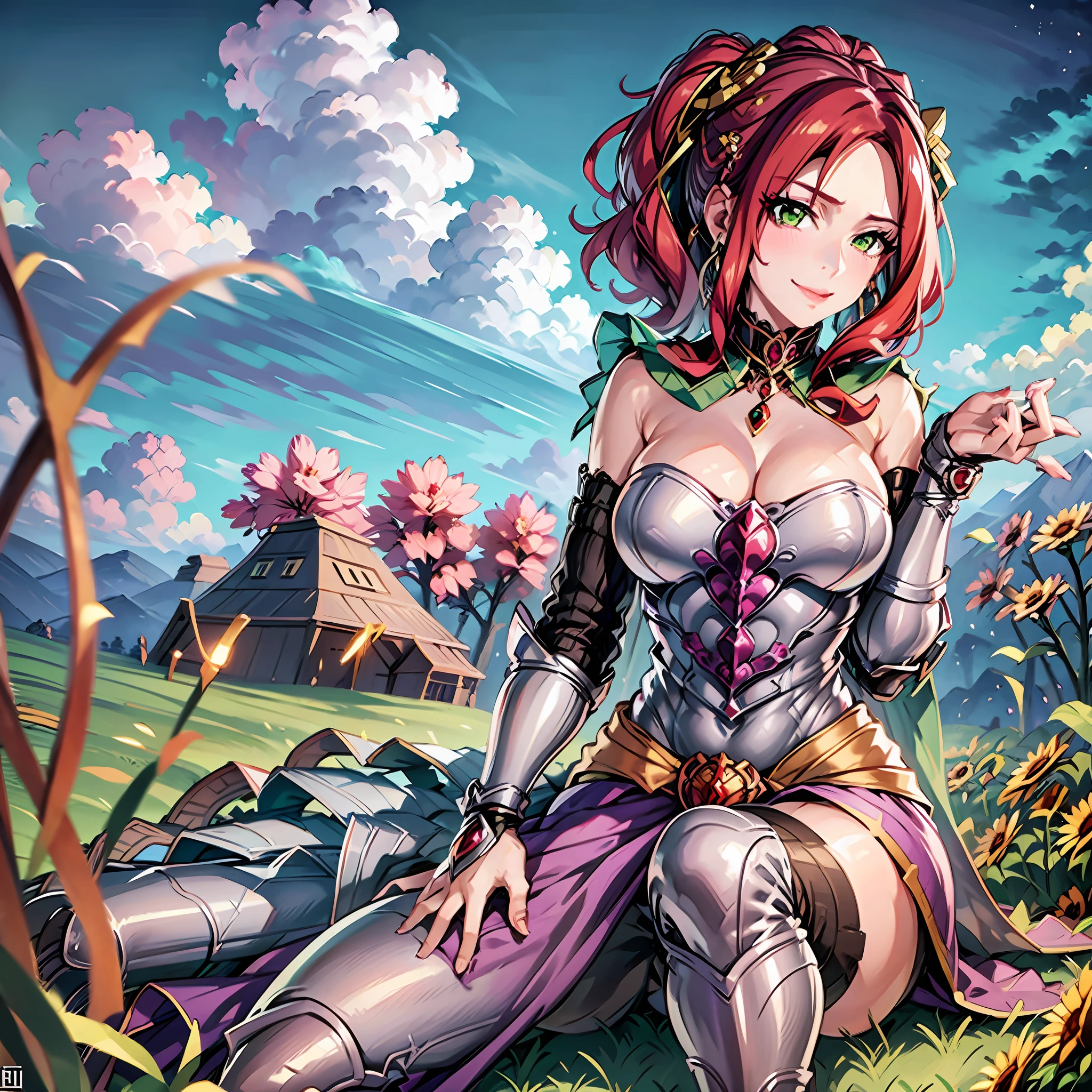 bitch medium breasts, white cape, armor, purple skirt, silver boots, red hair, beautiful face, green eyes, smile, (masterpiece: 1.2), best quality, absurd, highres, extremely detailed wallpaper, perfect lighting, outdoor, grass, field, anime style,