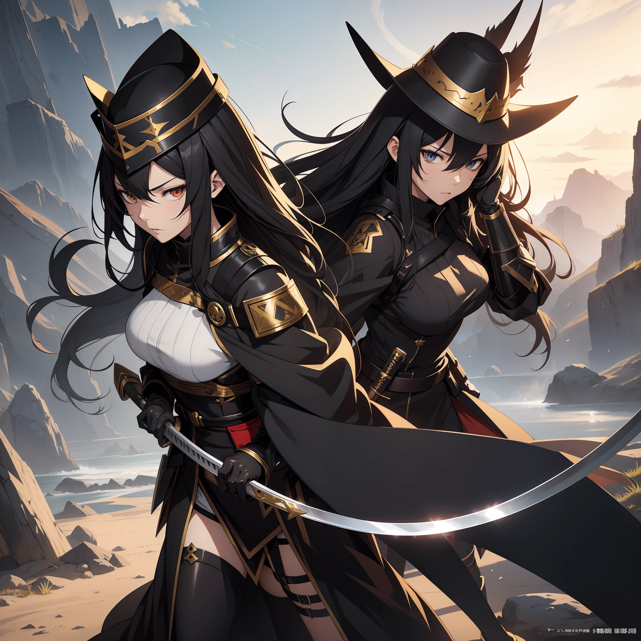 anime, full flat conical hat, highly detailed official art arknights, black hair, detailed anime key art, official character art, overly detailed art, full art, large katana, anime fantasy illustration, female knight, black oriental combat costume with gold details, black cape, serious face, adult woman