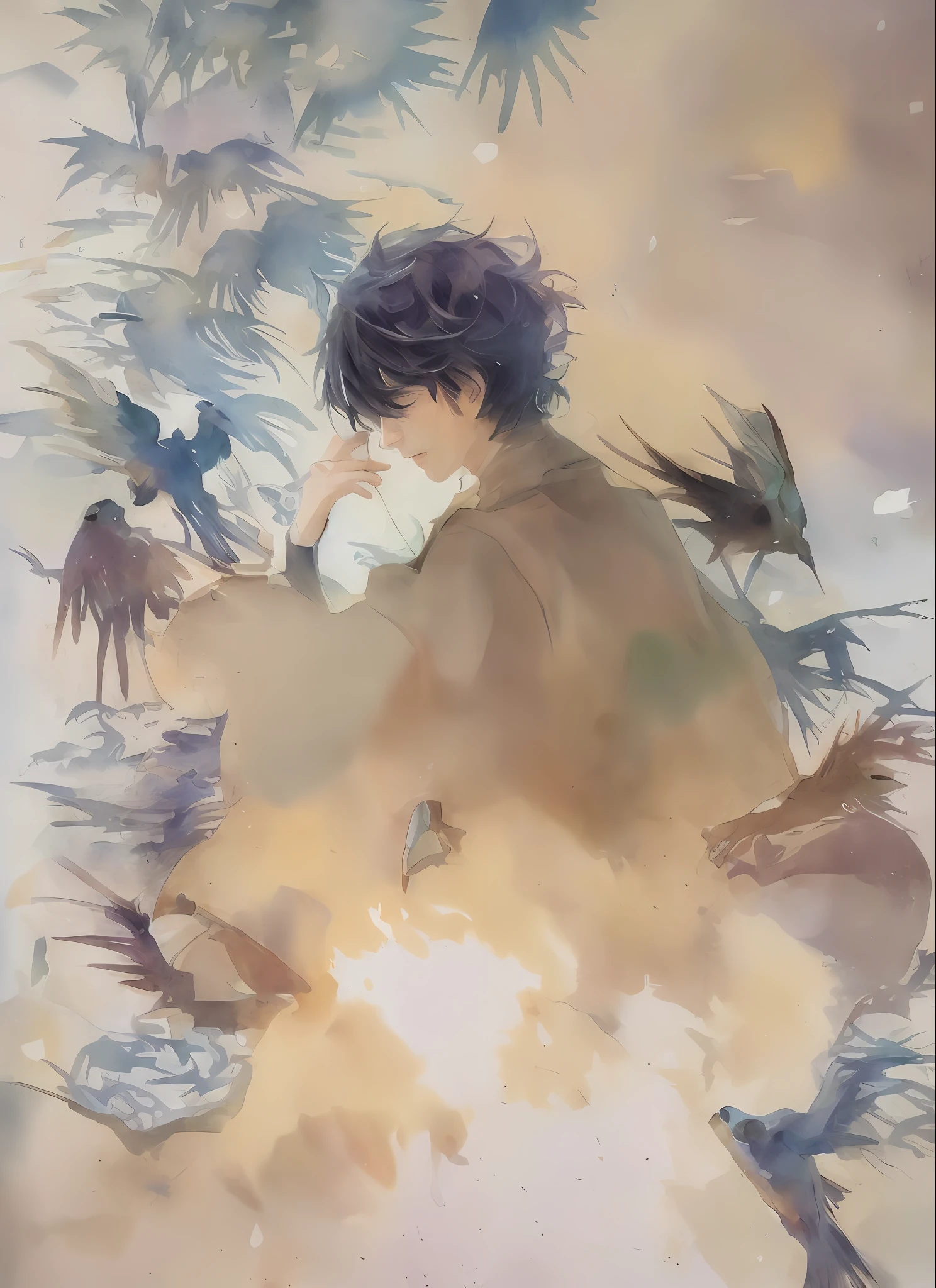 anime boy sitting on a tree branch with a bird in his hand, inspired by Okumura Masanobu, by Yang J, inspired by Okumura Togyu, shigenori soejima illustration, inspired by Yamagata Hiro, tsutomu nihei style, inspired by Tetsugoro Yorozu, guweiz