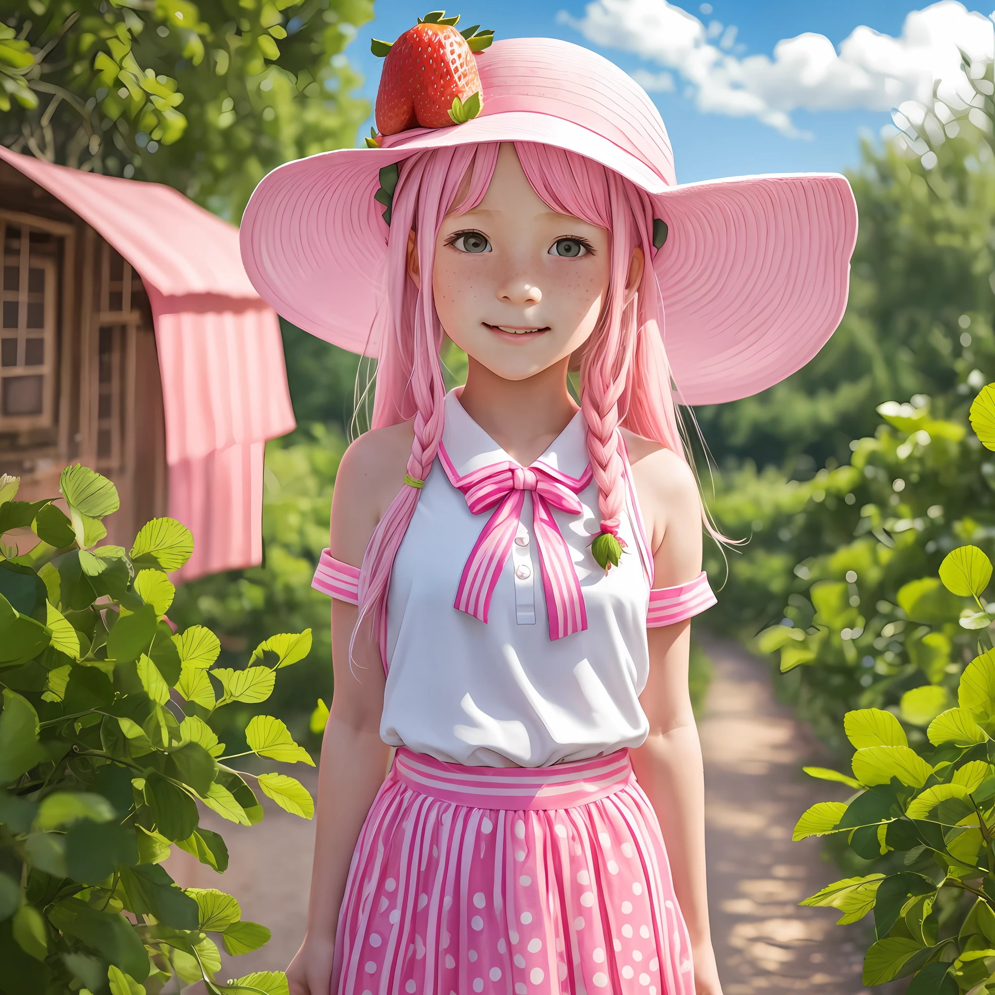 10 year old girl, pink sandal, pink hat, pink skirt, white blouse, white and green socks, pink hair, very long hair, freckles on face, strawberry print, countryside landscapes, whole body, pink lipstick, thin lips, small mouth, small breasts, high quality --auto --s2