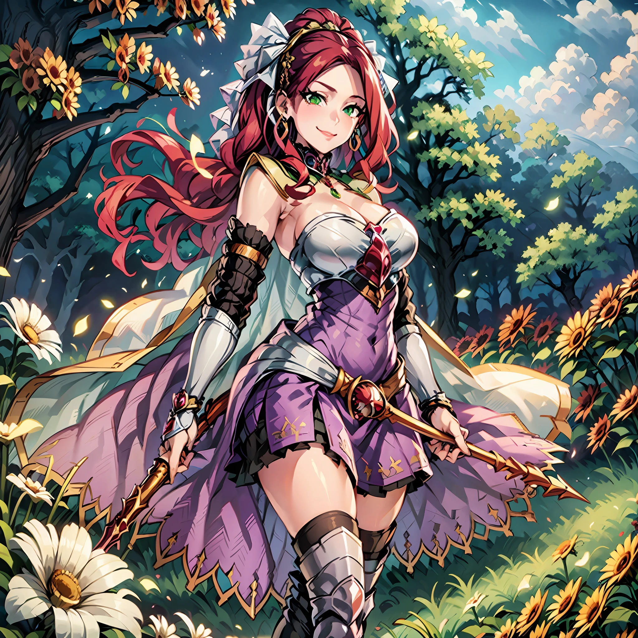 bitch medium breasts, white cape, armor, purple skirt, silver boots, red hair, beautiful face, green eyes, smile, (masterpiece: 1.2), best quality, absurd, highres, extremely detailed wallpaper, perfect lighting, outdoor, grass, field, anime style,