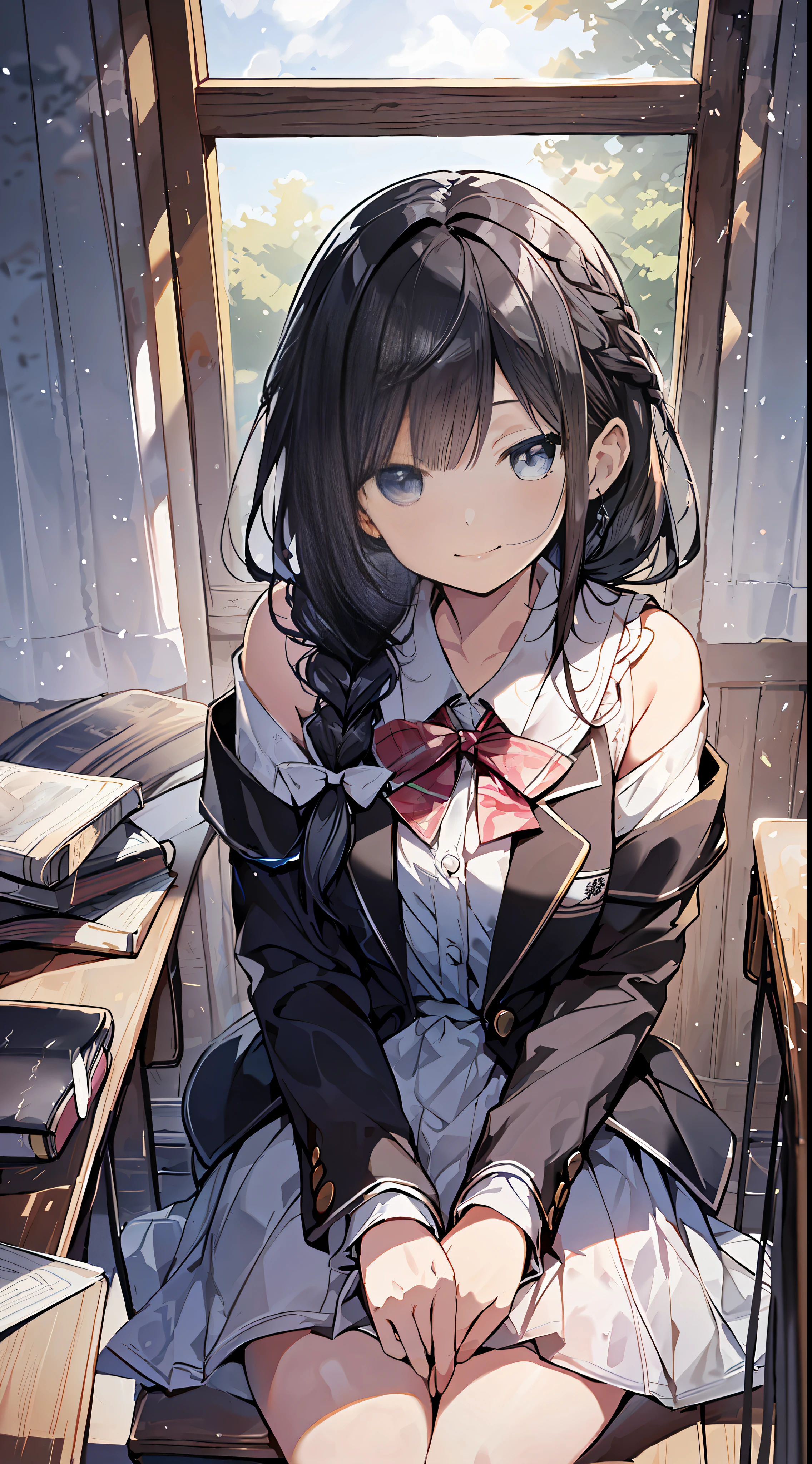 (Incredibly Absurdres Absolutely Resolution: 1.5), Top Quality, Masterpiece, Ultra High Definition, 8k, Early Summer, (School Uniform, Blazer), Shojo Manga Style, , Soft Line Art, Digital Enhancement, Shojo Manga Touch, Shojo Manga Core, (((Hair length to shoulder)))), (((Short braid)) ), soft drawing, fluffy, soft, beautiful black hair, clear eyes, (((gentle smile)), ultra-detailed digital anime art, clear face depiction, ultra-detailed shojo manga character art, clear facial features, manga style, top quality color, delicate, staring at us head-on, hand gestures, angle that can see up to your feet, classroom, entangle, beautiful and aesthetic:1.3、High quality:1.3