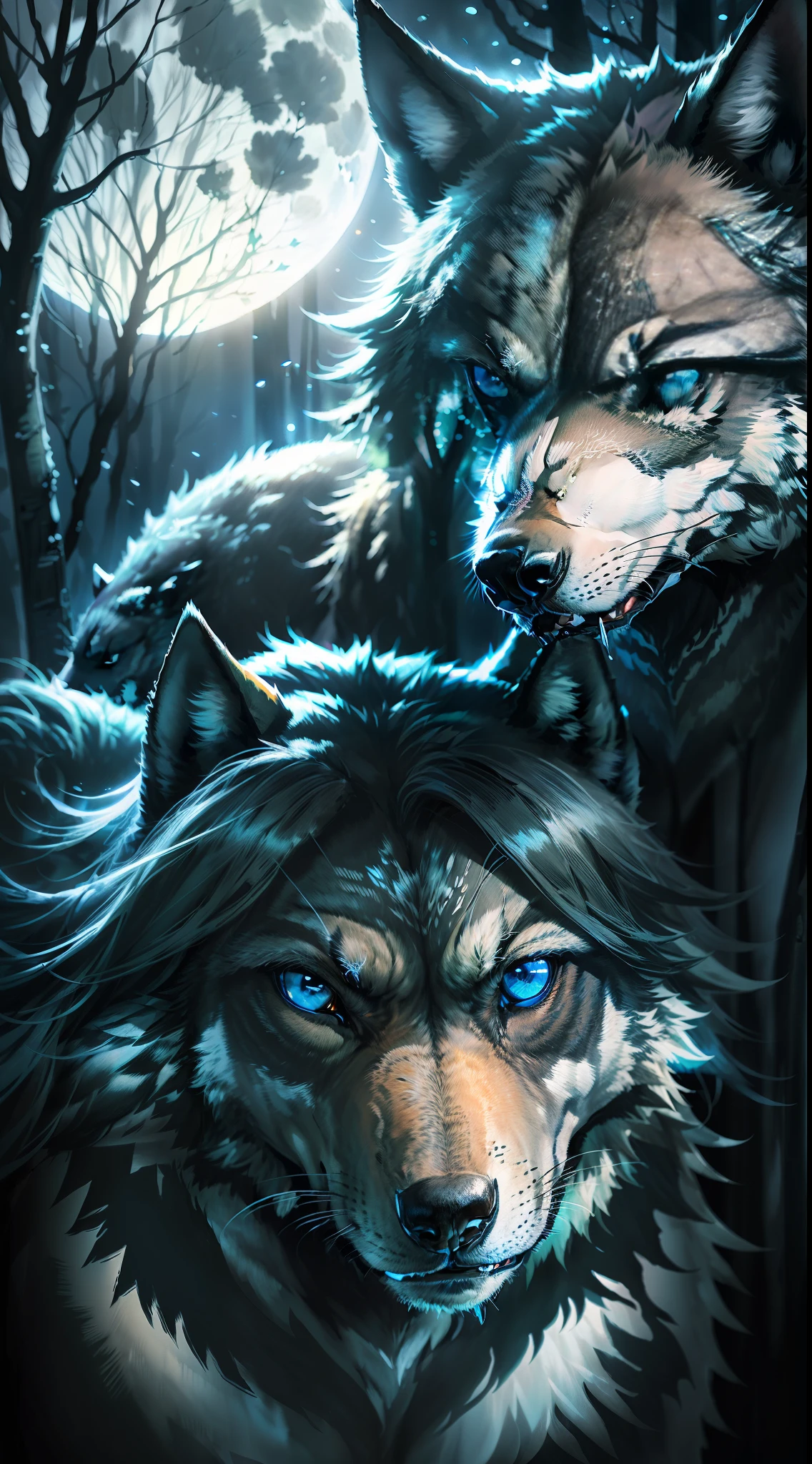 (Photorealistic open image) Super wolf protector of the pack, "black colored wolf bright blue eyes." Canine pack of wolves, (full moon, night forest)