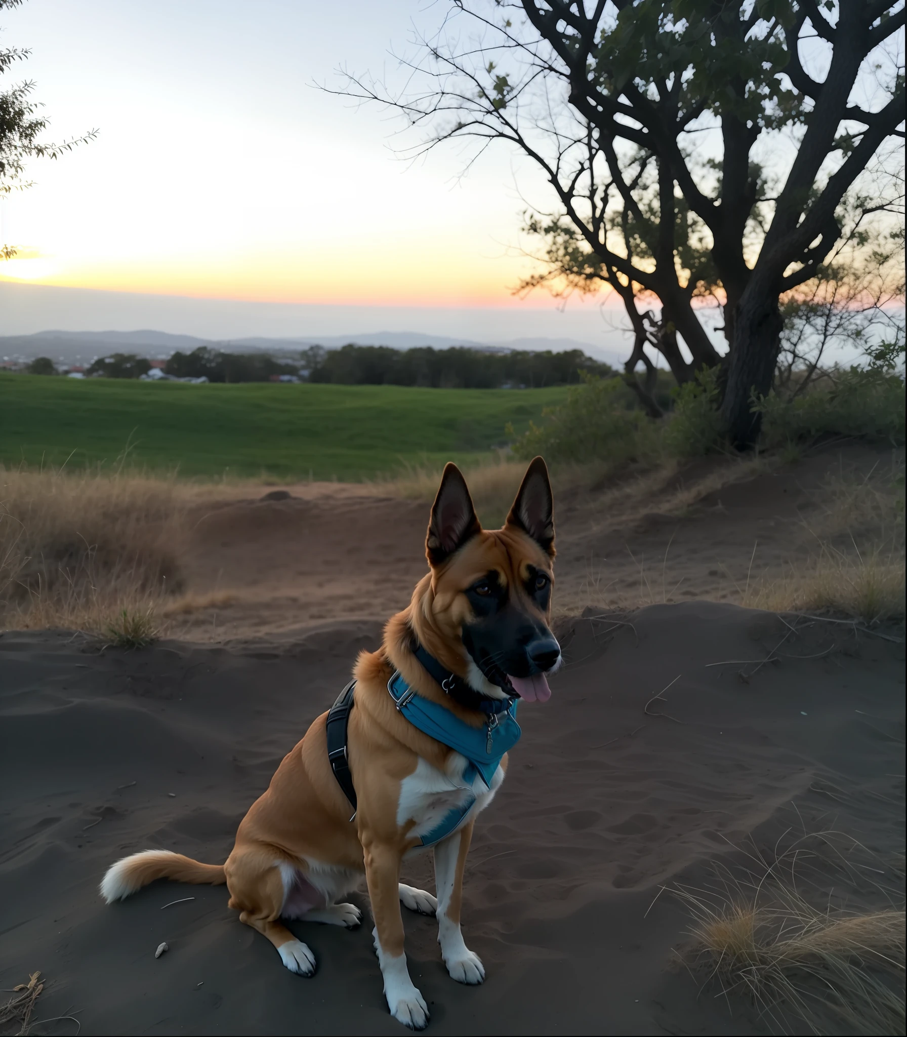 there is a dog that is sitting in the dirt, at the sunset, sunset!, at sunset, dusk setting, looking off into the sunset, at dusk!, in the sunset, rey, night setting, watching the sunset, at a beautiful sunset, profile shot, during a sunset, sitting, during sunset, at sunrise, looking off into the distance