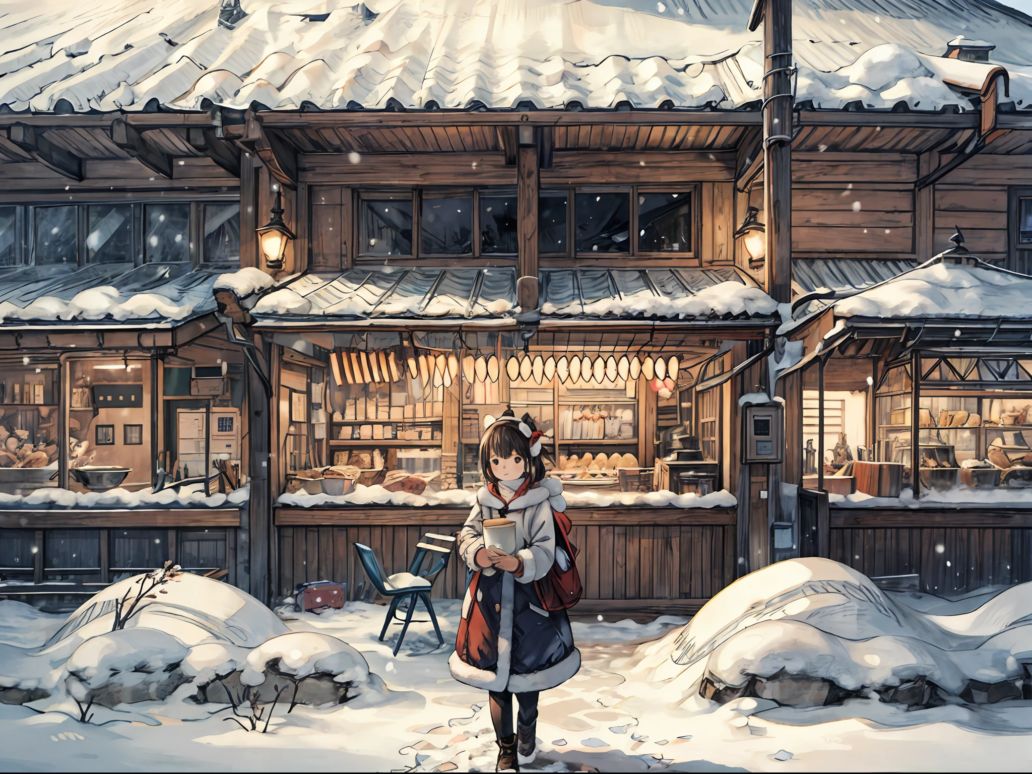 best quality, detailed background, girl,sea, cafeteria, bird, snow, winter,