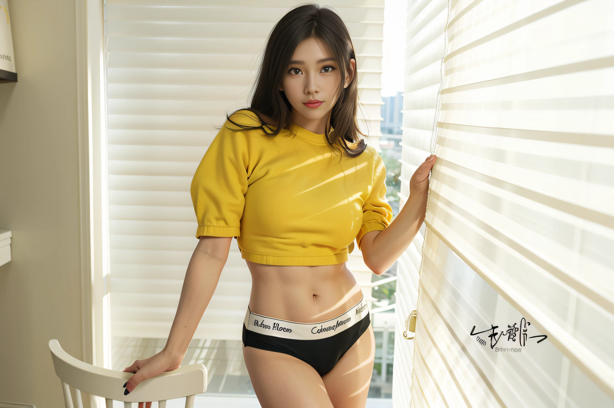 araffe woman in a yellow shirt and black panties standing by a window, wearing yellow croptop, with yellow cloths, taken with canon eos 5 d mark iv, with backdrop of natural light, gorgeous chinese model, calvin klein photography, taken with canon 5d mk4, captured on canon eos r 6, 2 4 year old female model