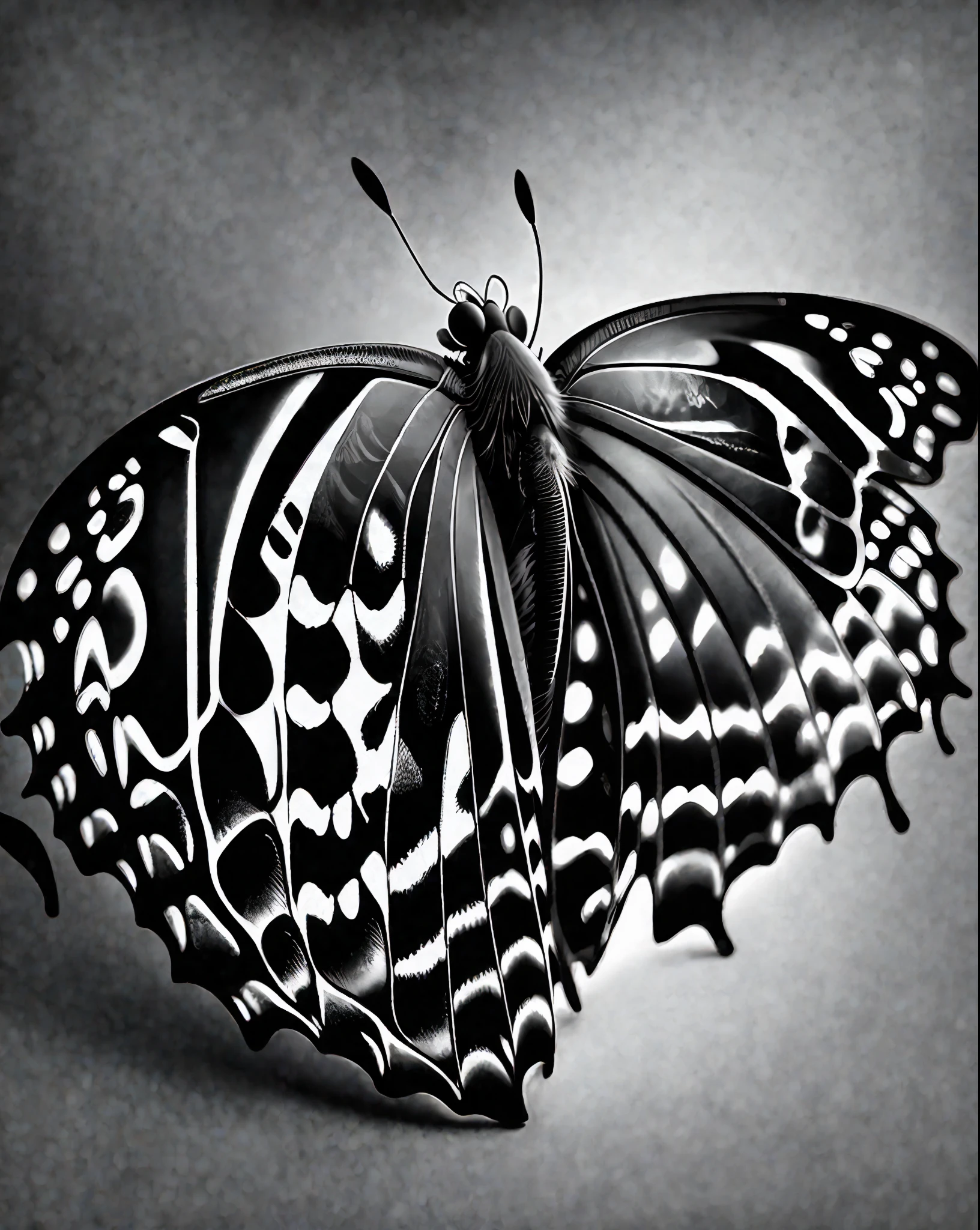 Portreit of a butterfly Black and white beautiful and realistic, rimlight, pattern, 24k hyper realistic colored background