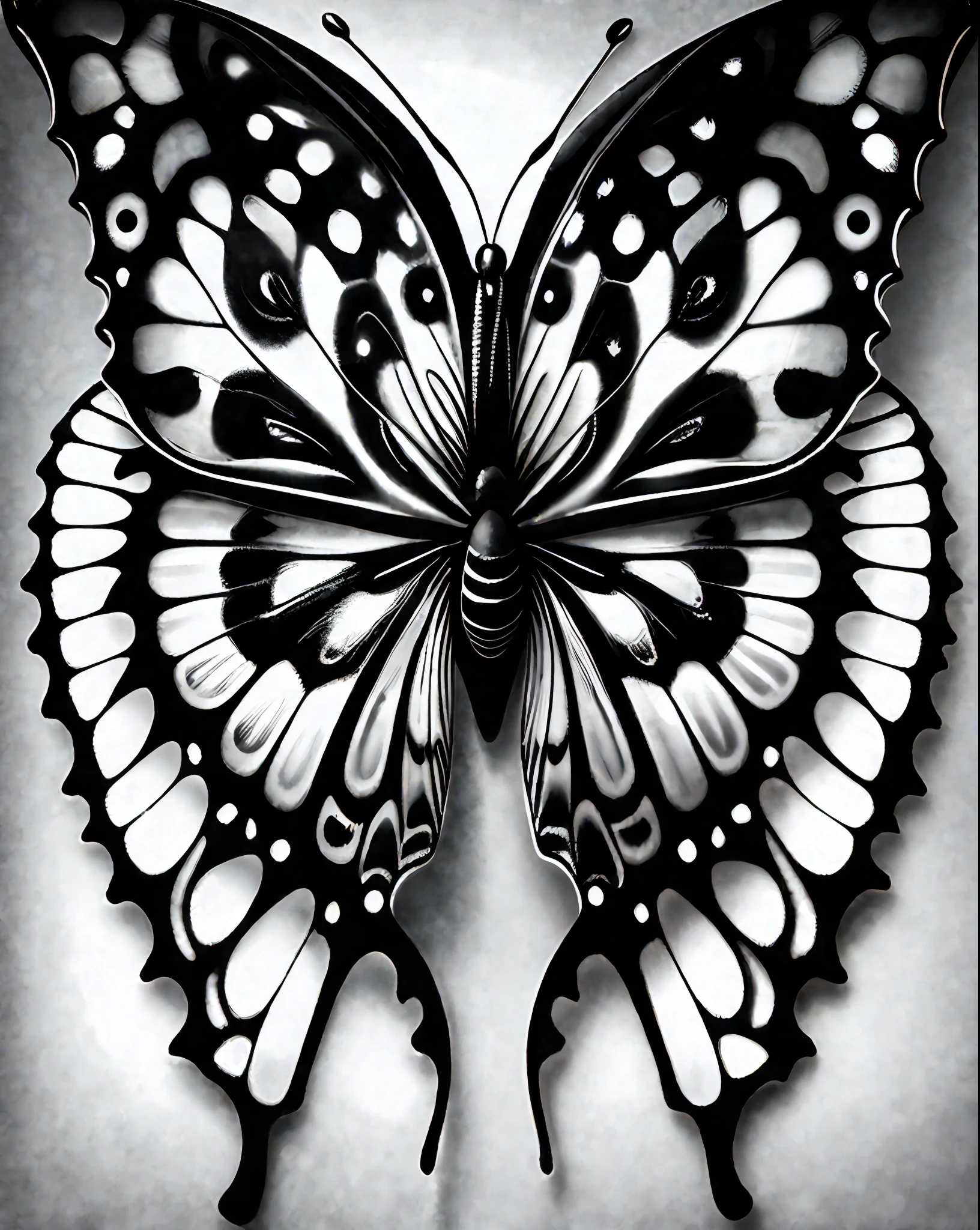 Portreit of a butterfly Black and white beautiful and realistic, rimlight, pattern, 24k hyper realistic colored background