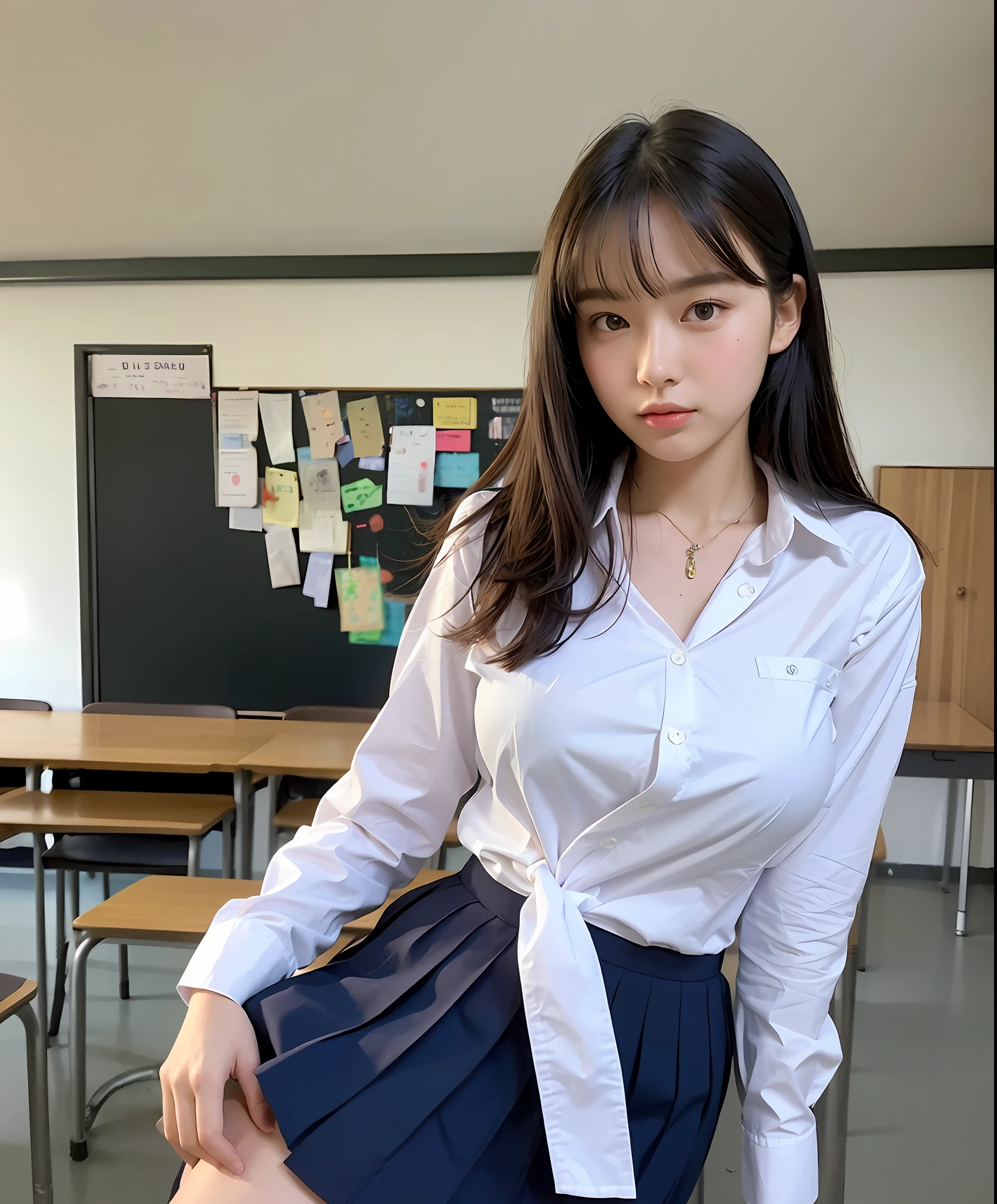 (Highly detailed body, highly detailed face, best quality: 1.2), medium hair, gal, woman, big breasts, look viewer, (school uniform shirt), (school classroom in background: 1.4)