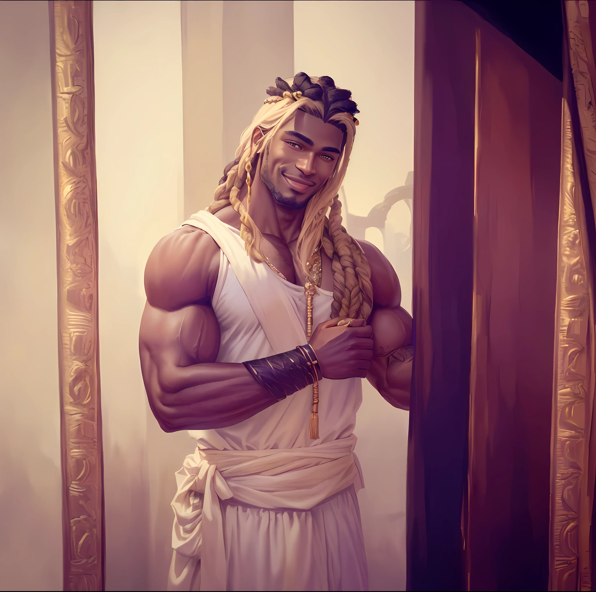 ((masterpiece)),((best quality)),((high detail)),((realistic,)) ((hyperrealistic)) A muscular man with black skin, yellow eyes, with long braided hair, wearing a white chest sash, smiling, with a golden crown, realistic 8k