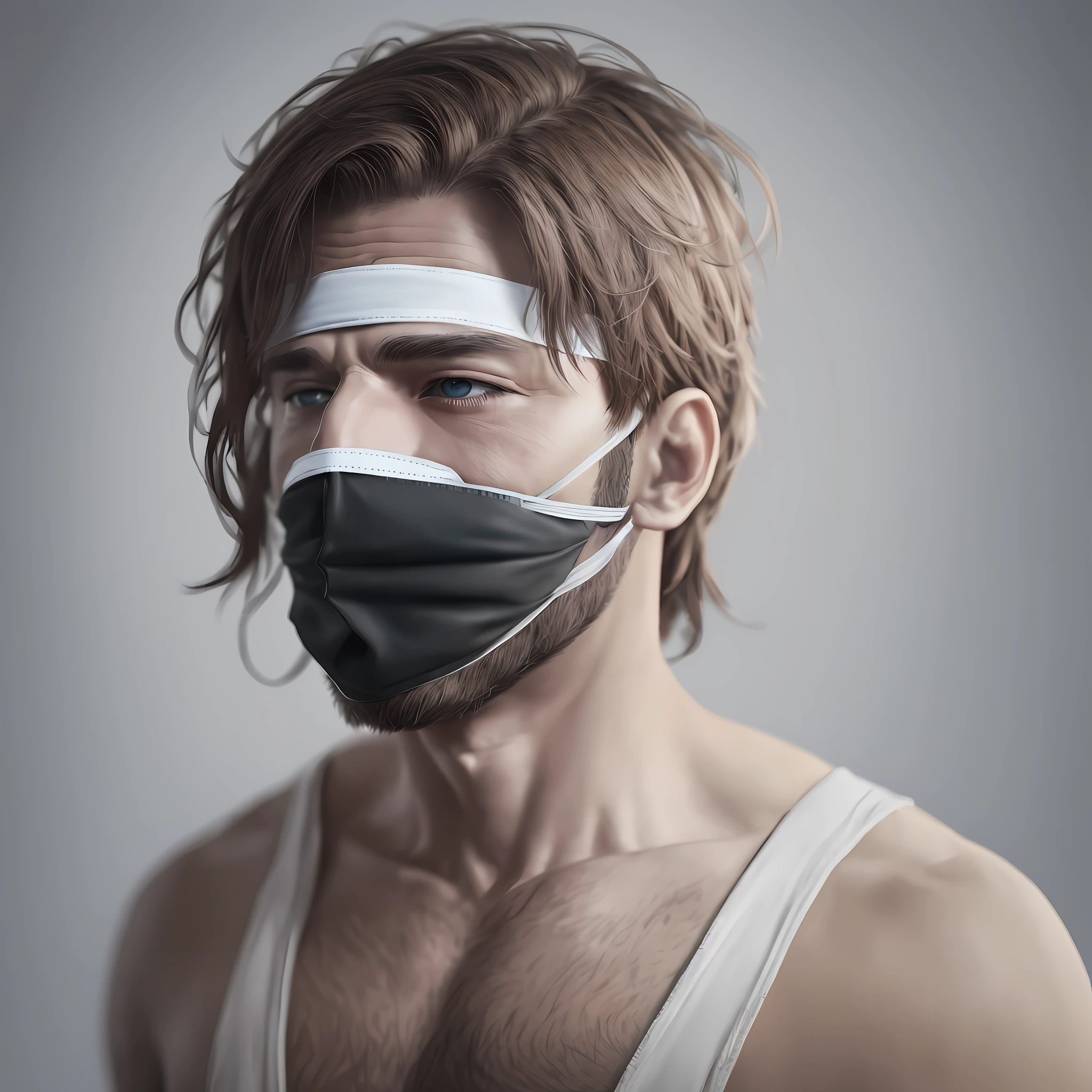 cyberpunk person (with a blindfold over his mouth and unable to speak), ultra realistic, 8k, detailed, cinematic style, with dark eyes, white background, --auto --s2