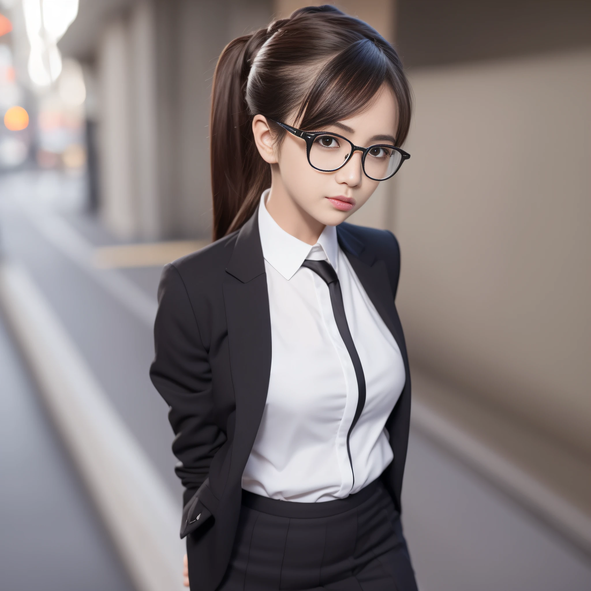 Hyper-realistic style, extremely high quality, high ponytail hairstyle, brown hair, glasses, white collar uniform, suit skirt, black stockings, white high heels, hands behind the back, facing the camera, eyes looking to the lower left corner, shy
