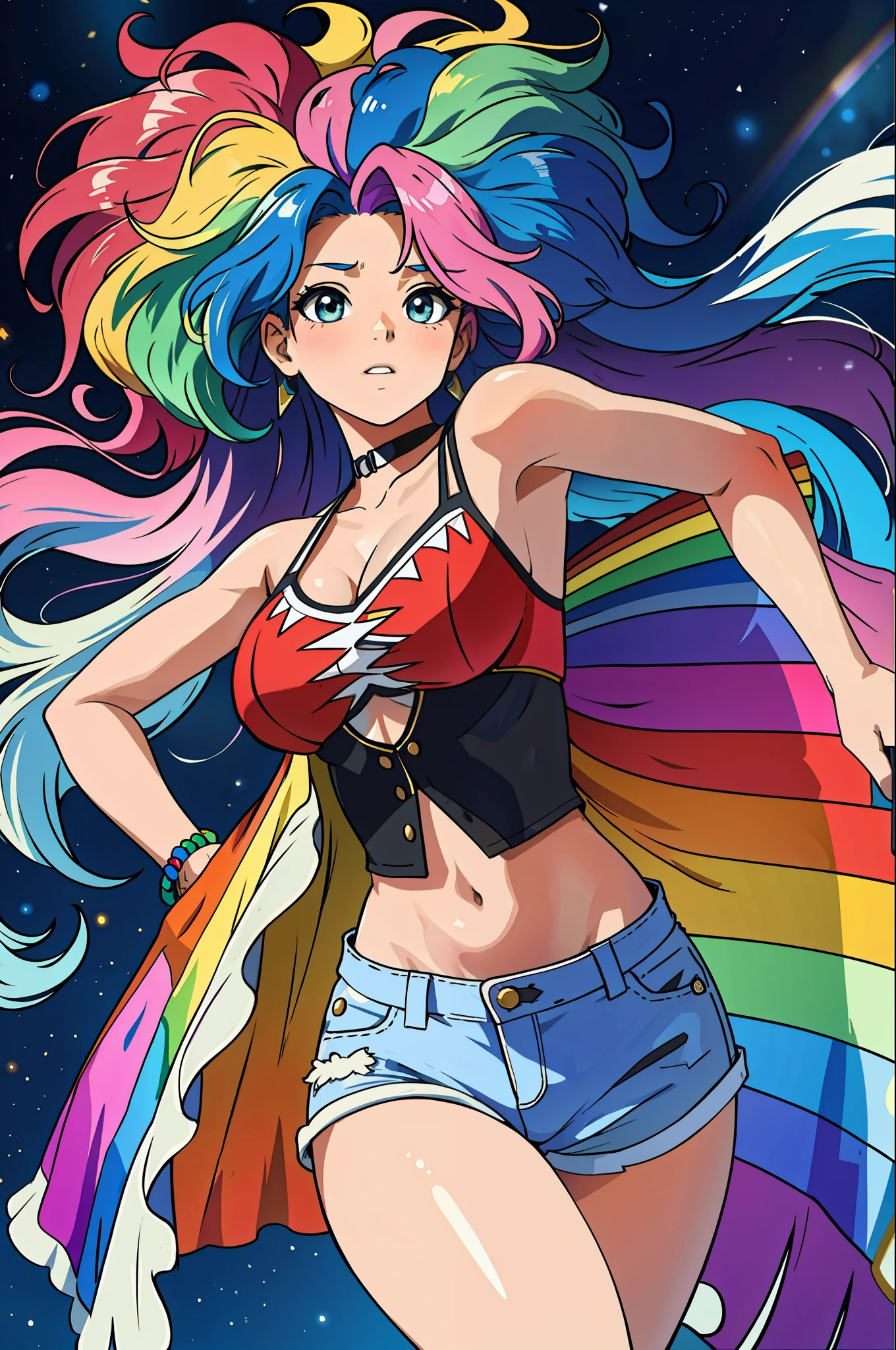 masterpiece, best quality, girl with rainbow hair, really wild hair, mane,Full of body