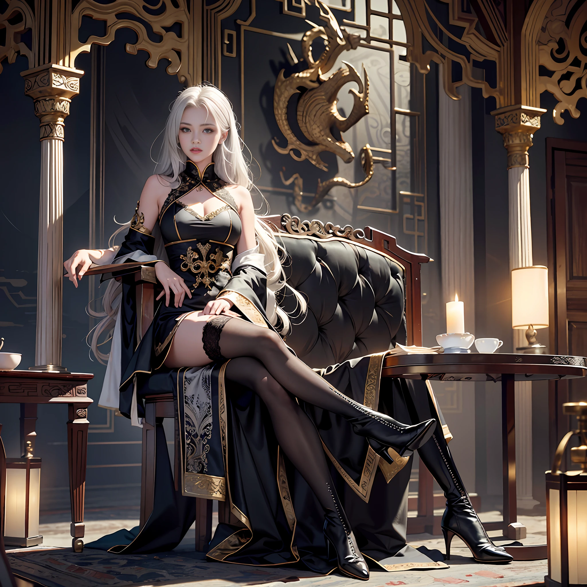 Official Art, Unity 8k wallpaper, super detailed, beautiful, beautiful, masterpiece, best quality, super detailed texture, asymmetrical aesthetics,
darkness, epic, atmospheric, mysterious, taboo, art, ancient china, decoration, intricate, gold and silver products, supernatural, costume design, lace embellishment,
1 girl, legged, sitting, black stockings, boots, elegant manners, conservative clothing, full body composition