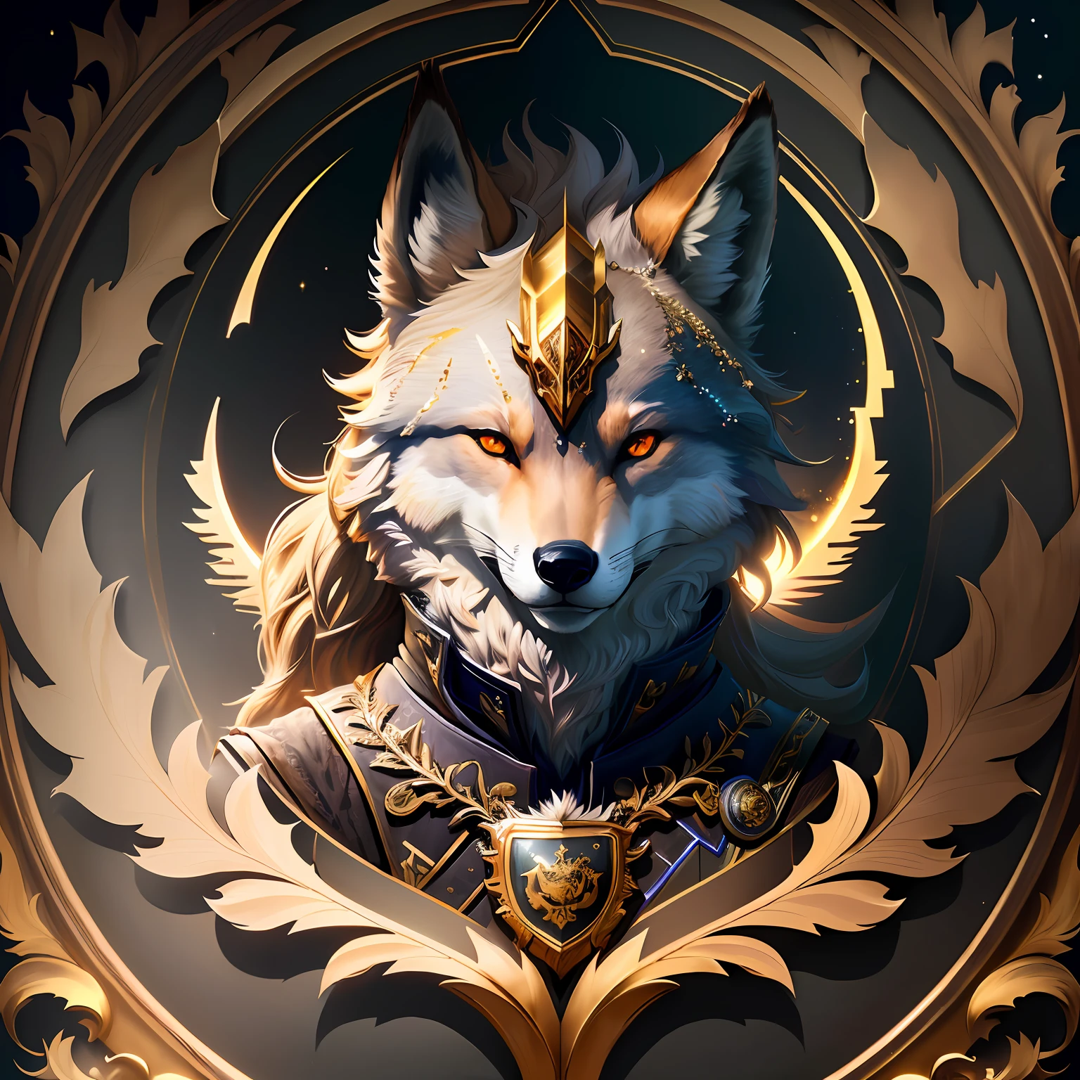 Realistic fox portrait with forest and realistic sparkles, circle below with gemstone details